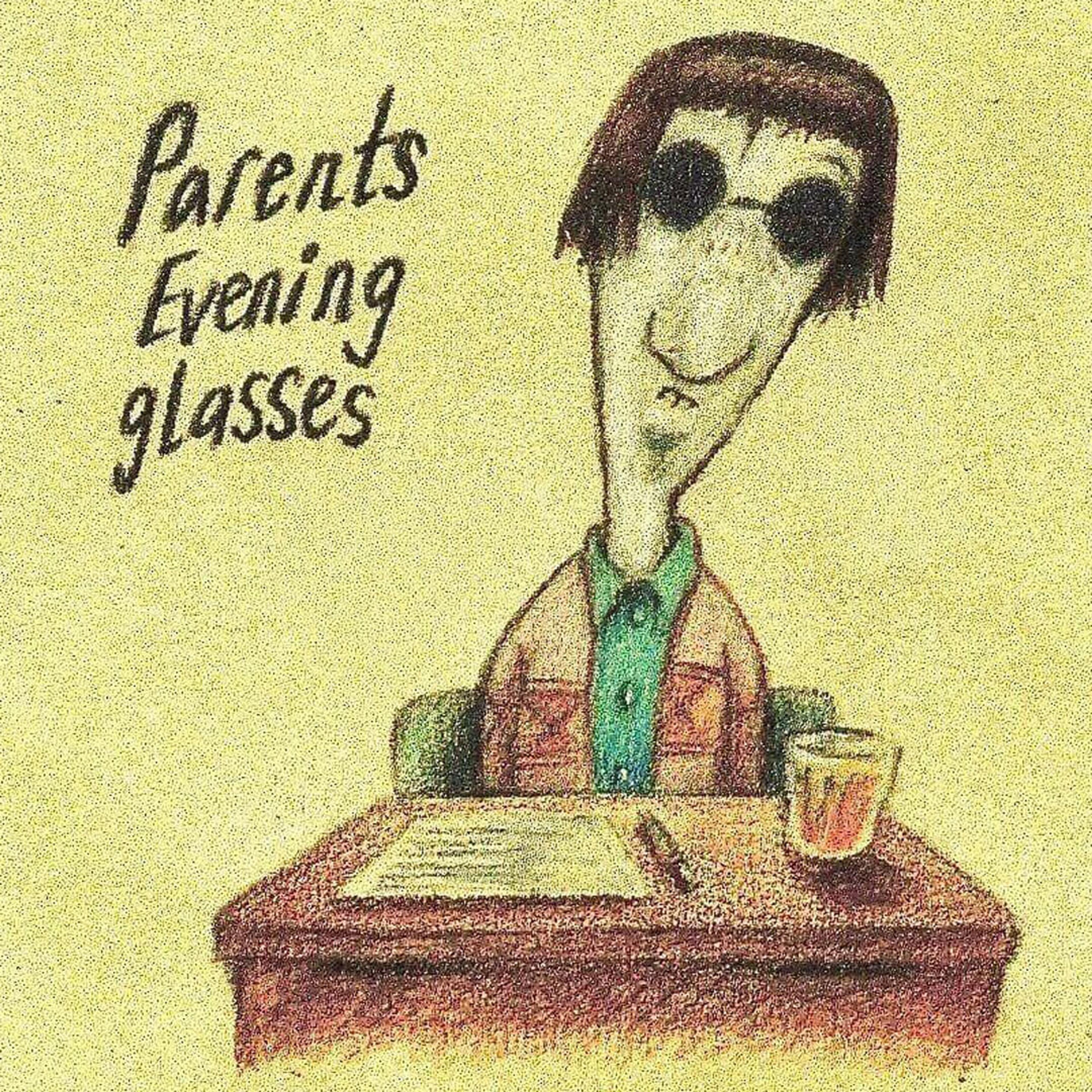 Illustration of a figure seated at a table next to the text 'Parents evening glasses'.