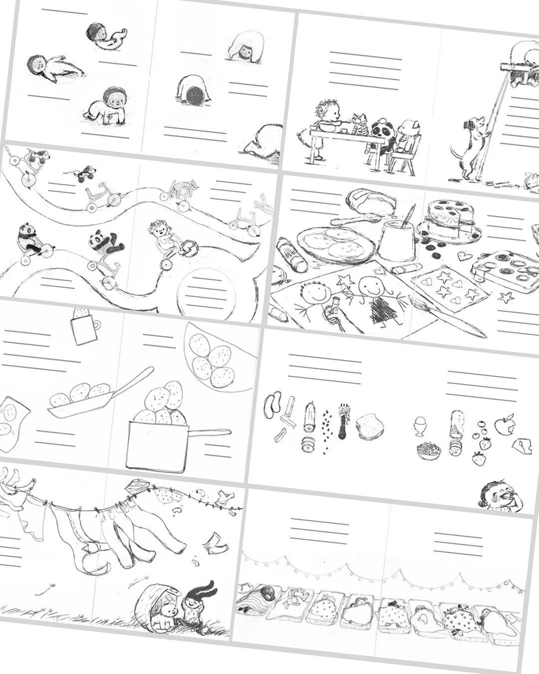 An example of Claire Alexander's pencil sketches showing the layout of a page for a children's book.