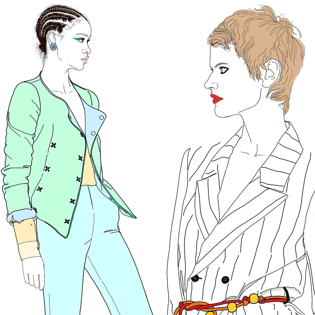 A series of fashion illustrations in different styles