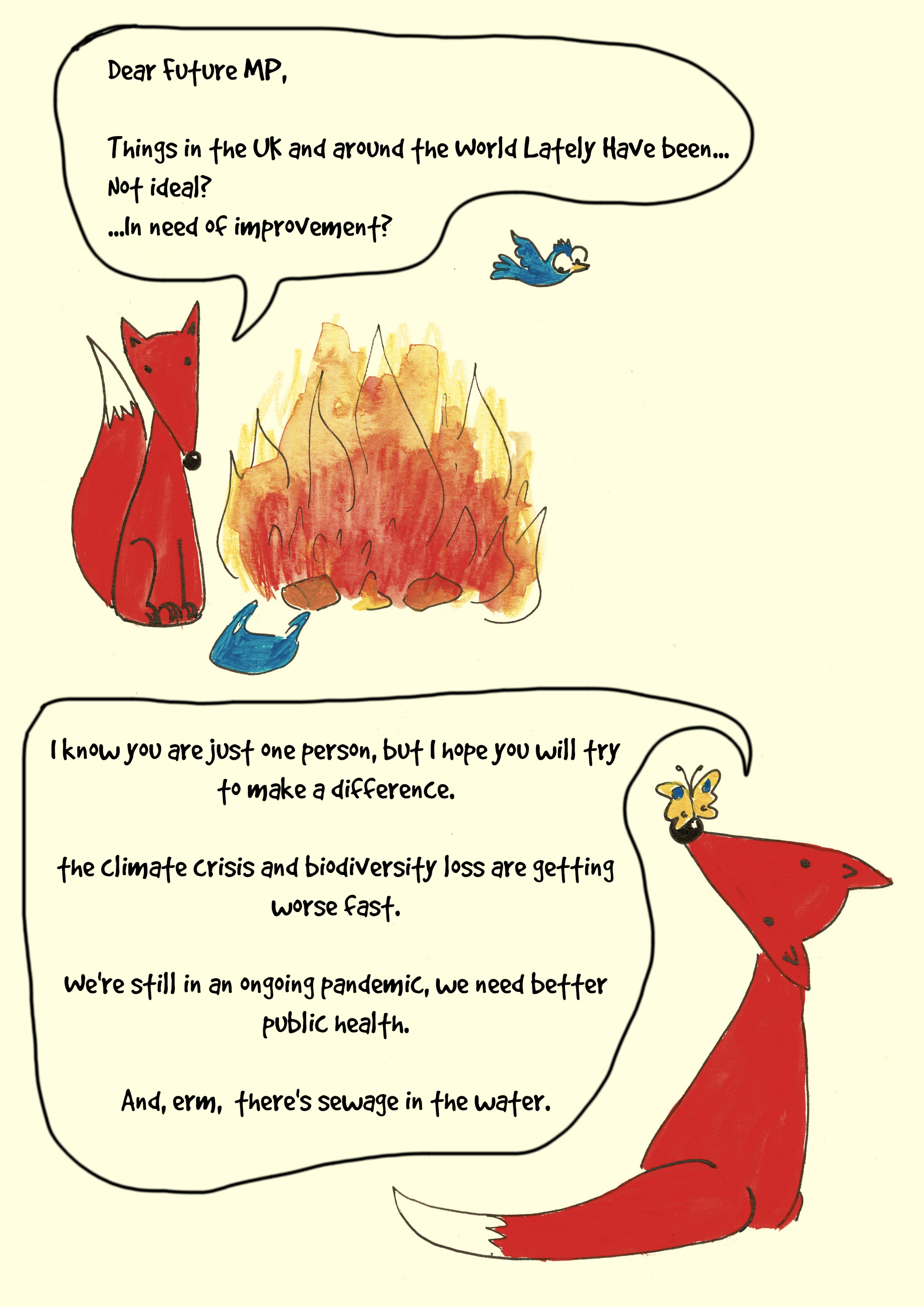 A page with two illustrations and two pieces text in speech bubbles. The illustrations feature a fox and are addressing their new MP.