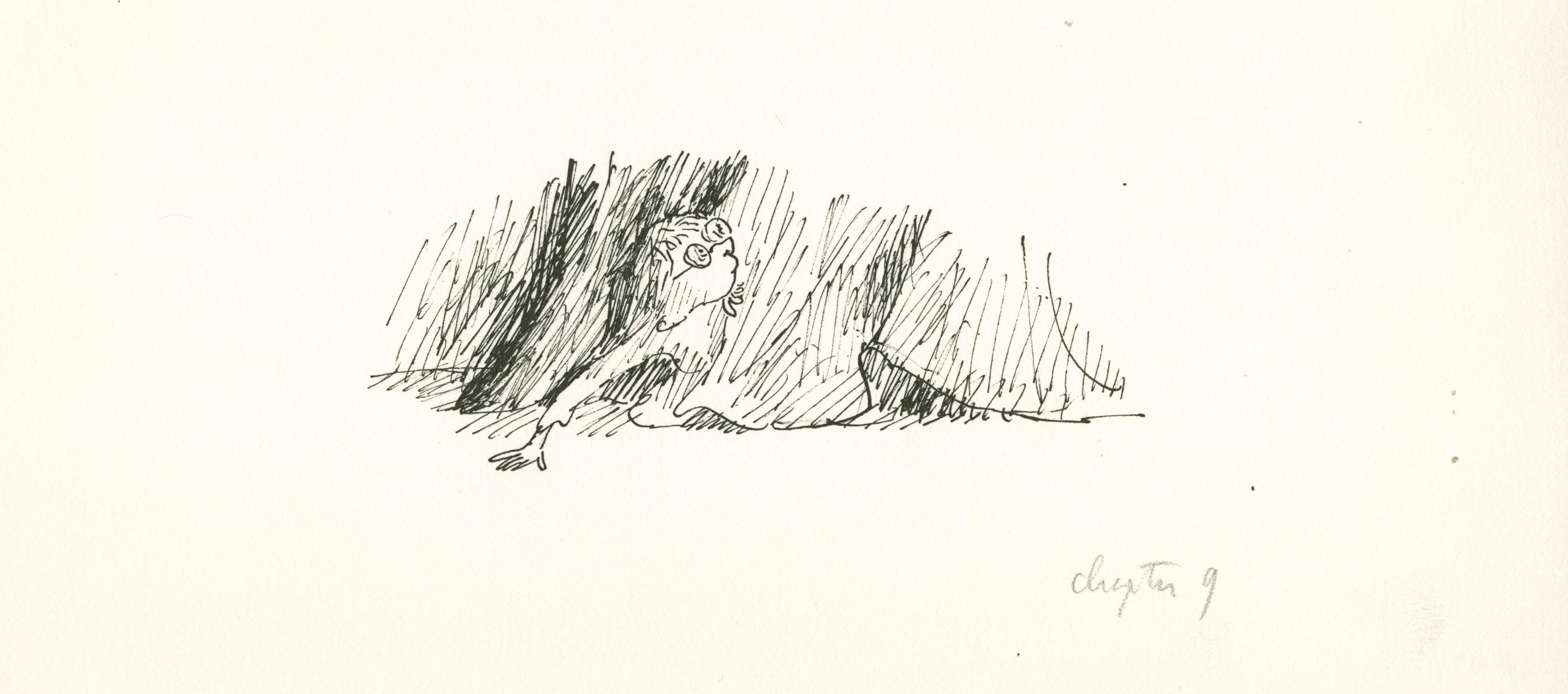 Drawing of a child crawling out from behind a fabric drape