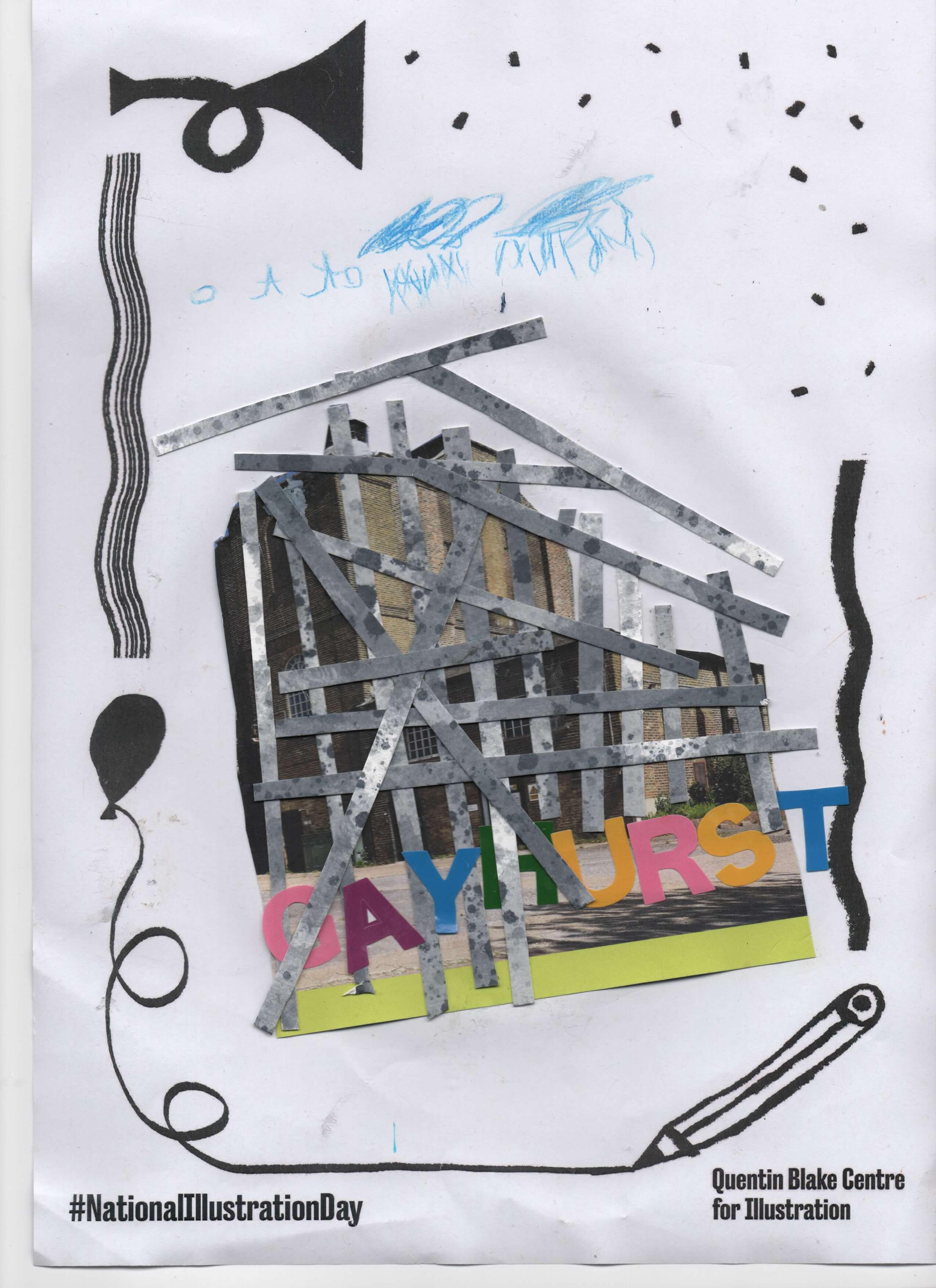 Strips of gray paper stuck in an abstract grid pattern on top of a cutout of an industrial building with the word ' Gayhurst' stuck on in colourful alphabet stickers.