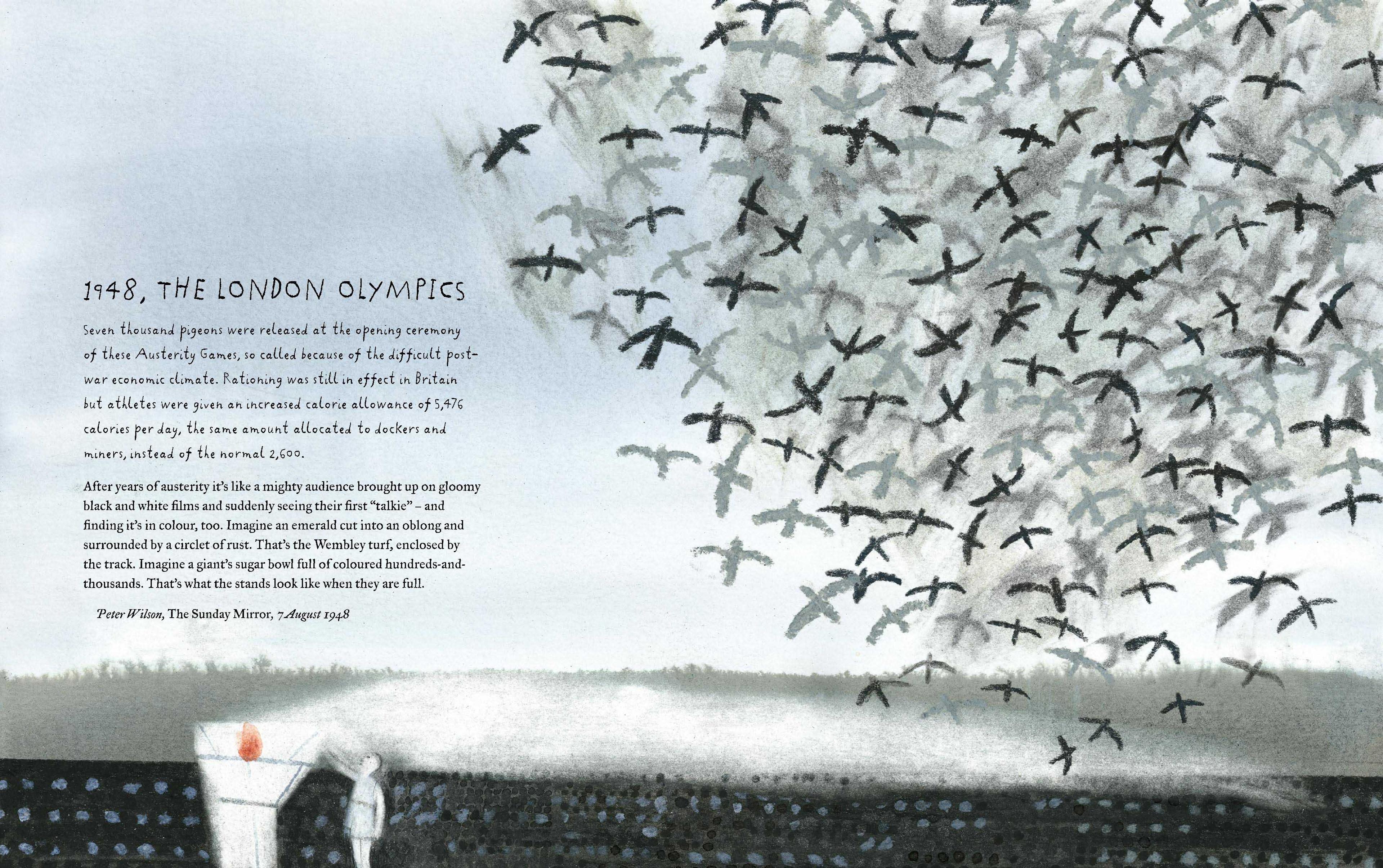 A double page spread of a book featuring some text about the 1948 London Olympics and an illustration of someone lighting a huge torch, and next to them is a big flock of birds in the sky.