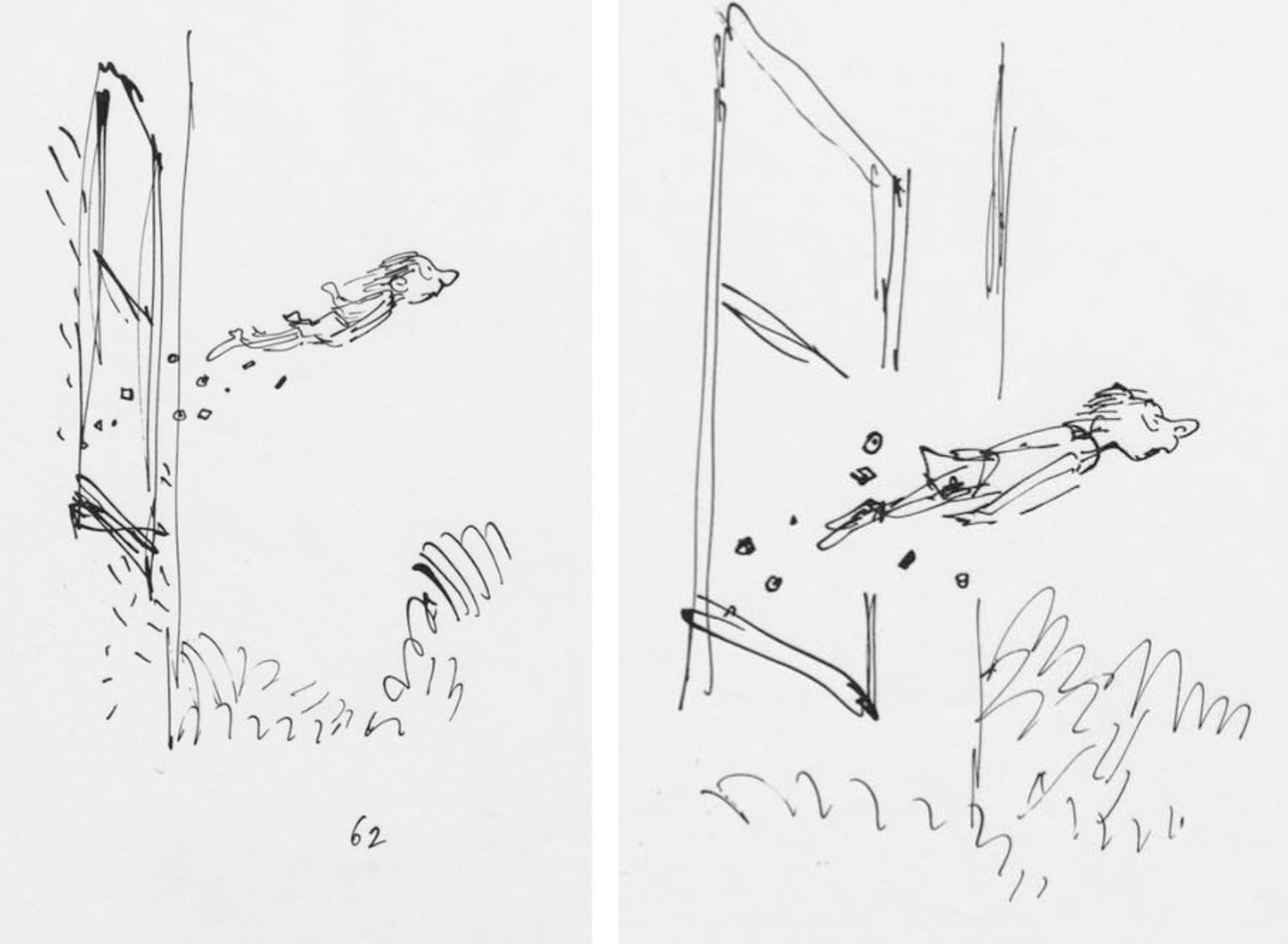 Two preliminary sketches of a child flying out of the window