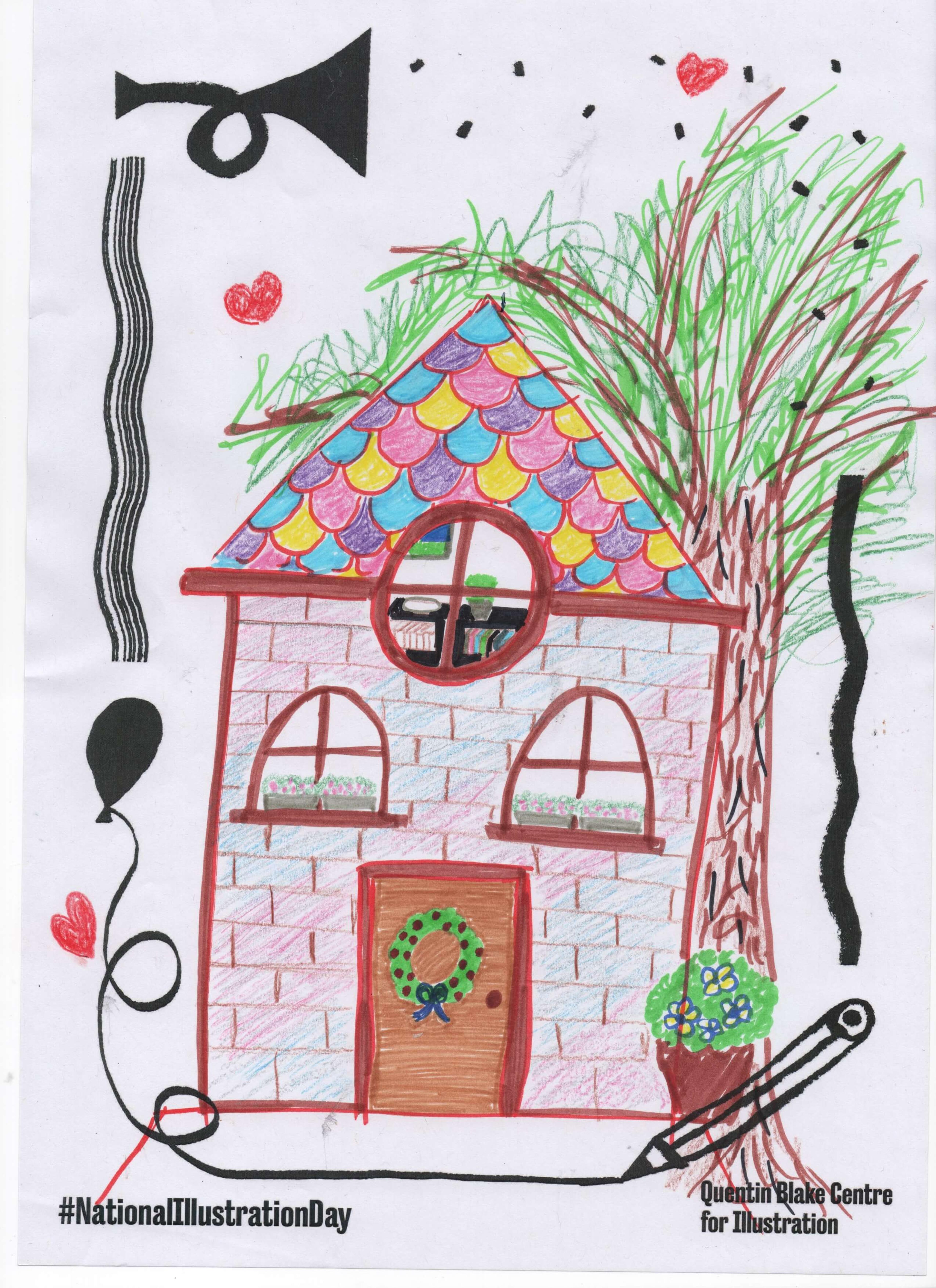 Illustration of a pink brick house with a colourful roof. We also see a wreath on the front door and a big, leafy tree next to the house. 