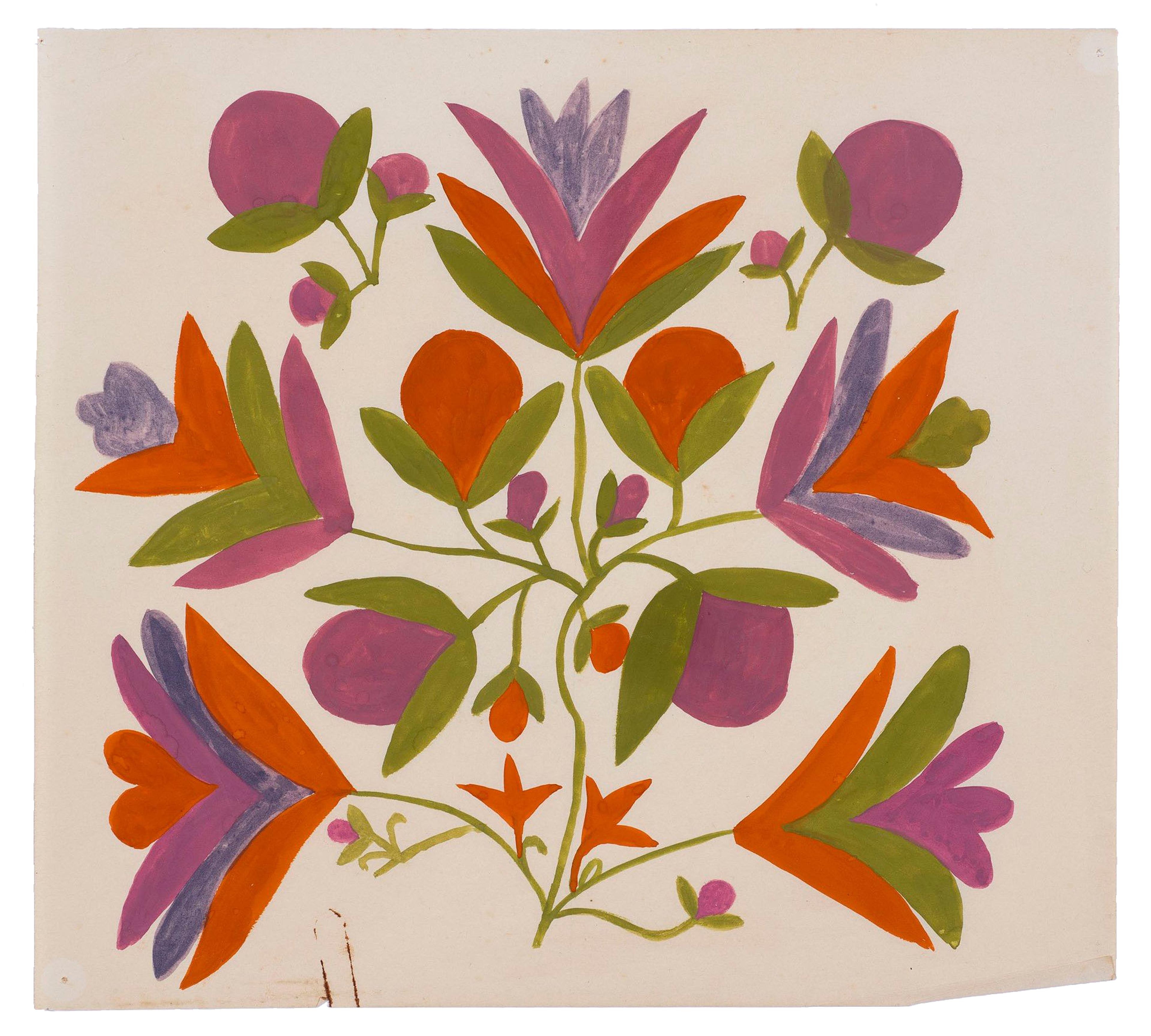 Painting of flowers on a vine in purple, orange, green and blue