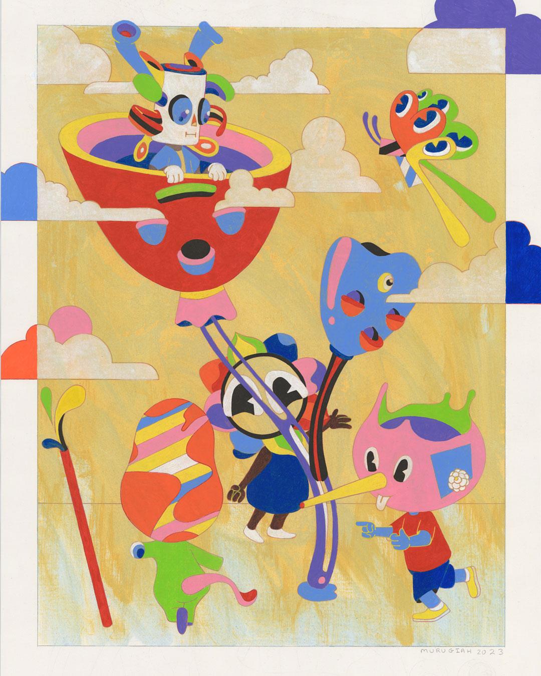 Colourful illustration of playful cartoon creatures with exaggerated features and patterns in a whimsical setting. Bright tones and dream-like atmosphere.