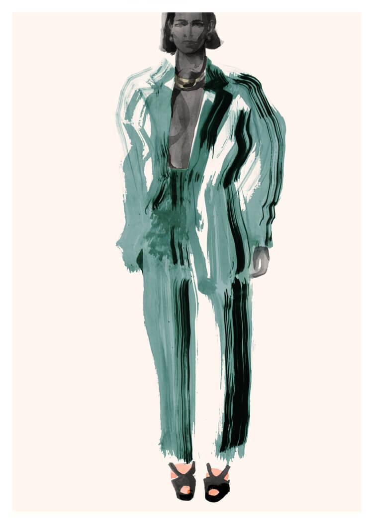 Painterly illustration of a model wearing a green jacket and trousers.