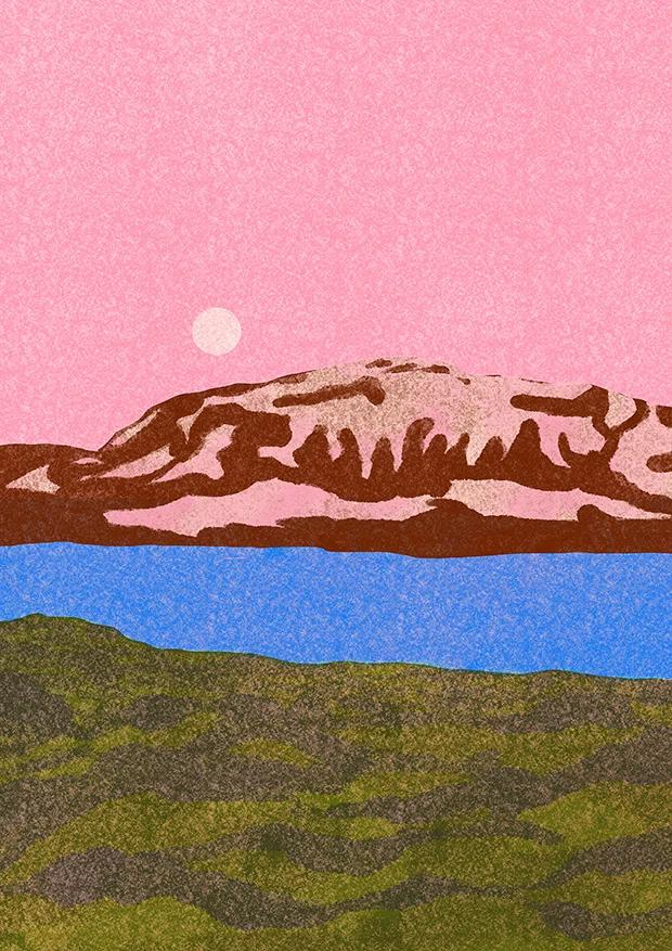 A landscape with a pink sky, a pale moon, brown mountains and bright blue water.