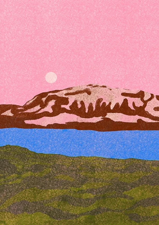 A landscape with a pink sky, a pale moon, brown mountains and bright blue water.