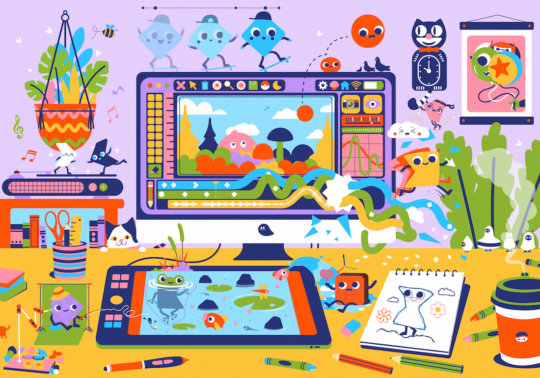 A drawing tablet sits alongside a notepade. There are drawing materials scattered around and fun characters in the image, all in a colourful, fun style.