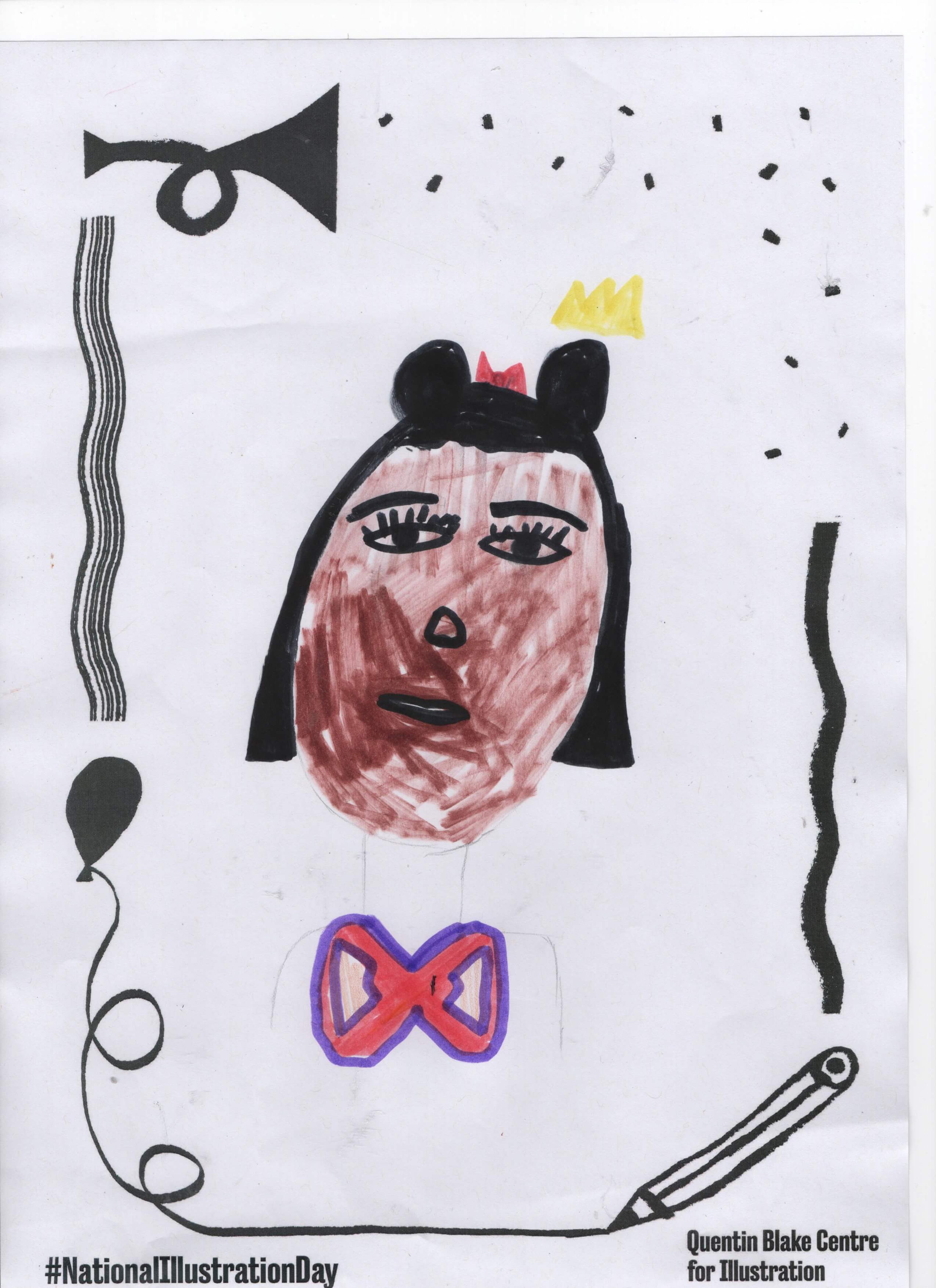A child's drawing of a portrait of a person with a bob haircut tied in space buns. They're wearing a hair bow and a bow tie. 