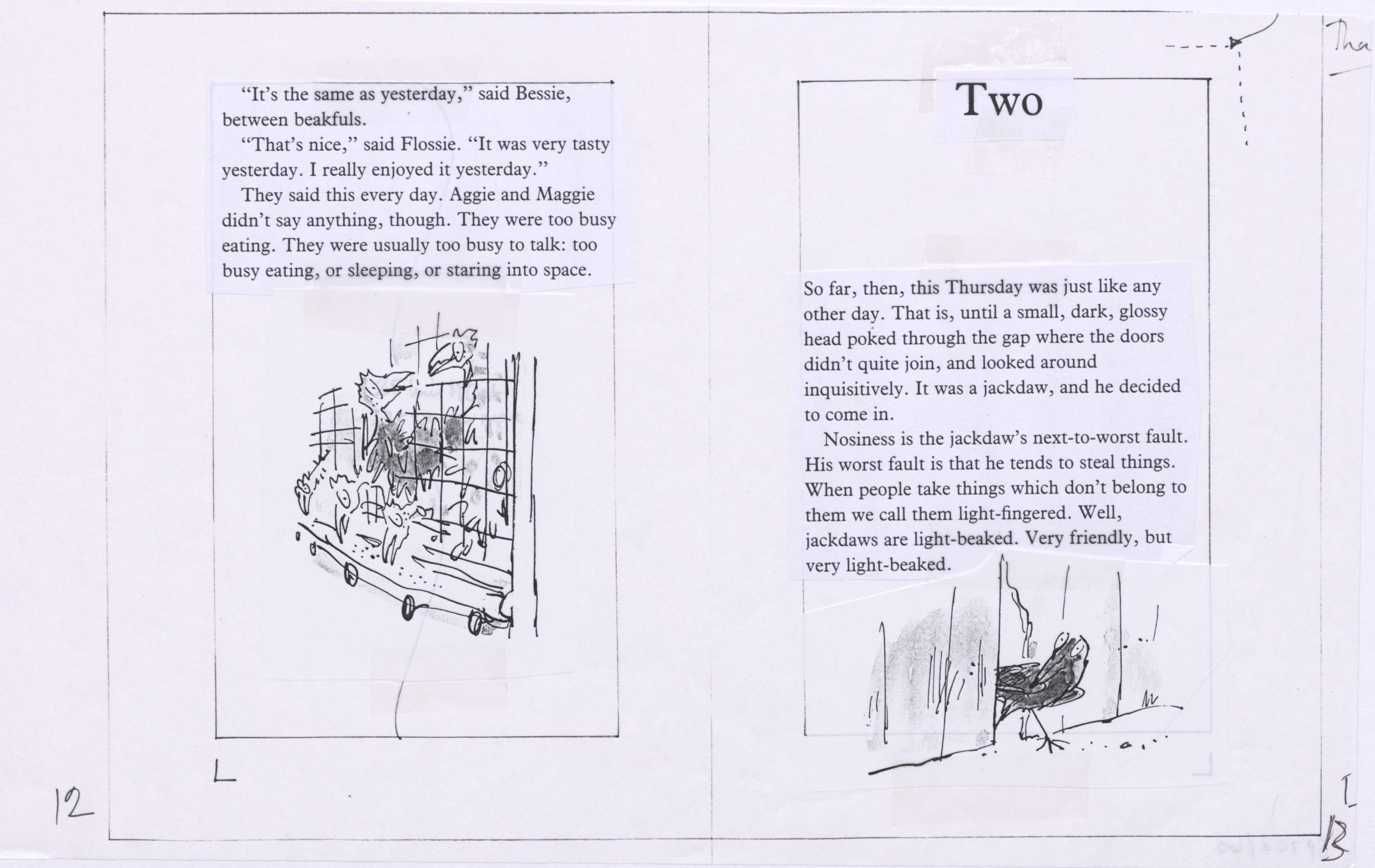 A double page spread layout of a book with black and white illustrations stuck down on the paper and typed text stuck down on the paper.