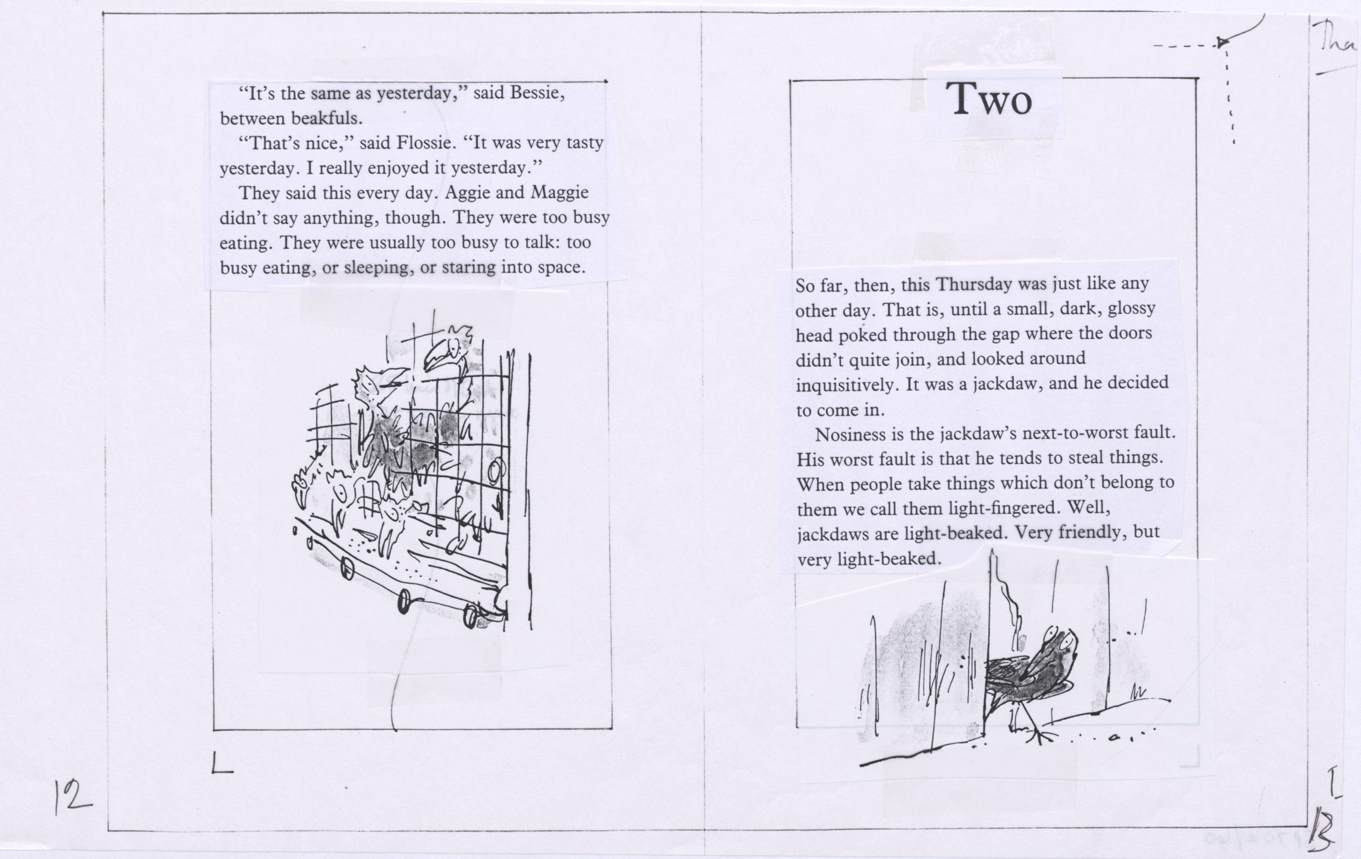 A double page spread layout of a book with black and white illustrations stuck down on the paper and typed text stuck down on the paper.