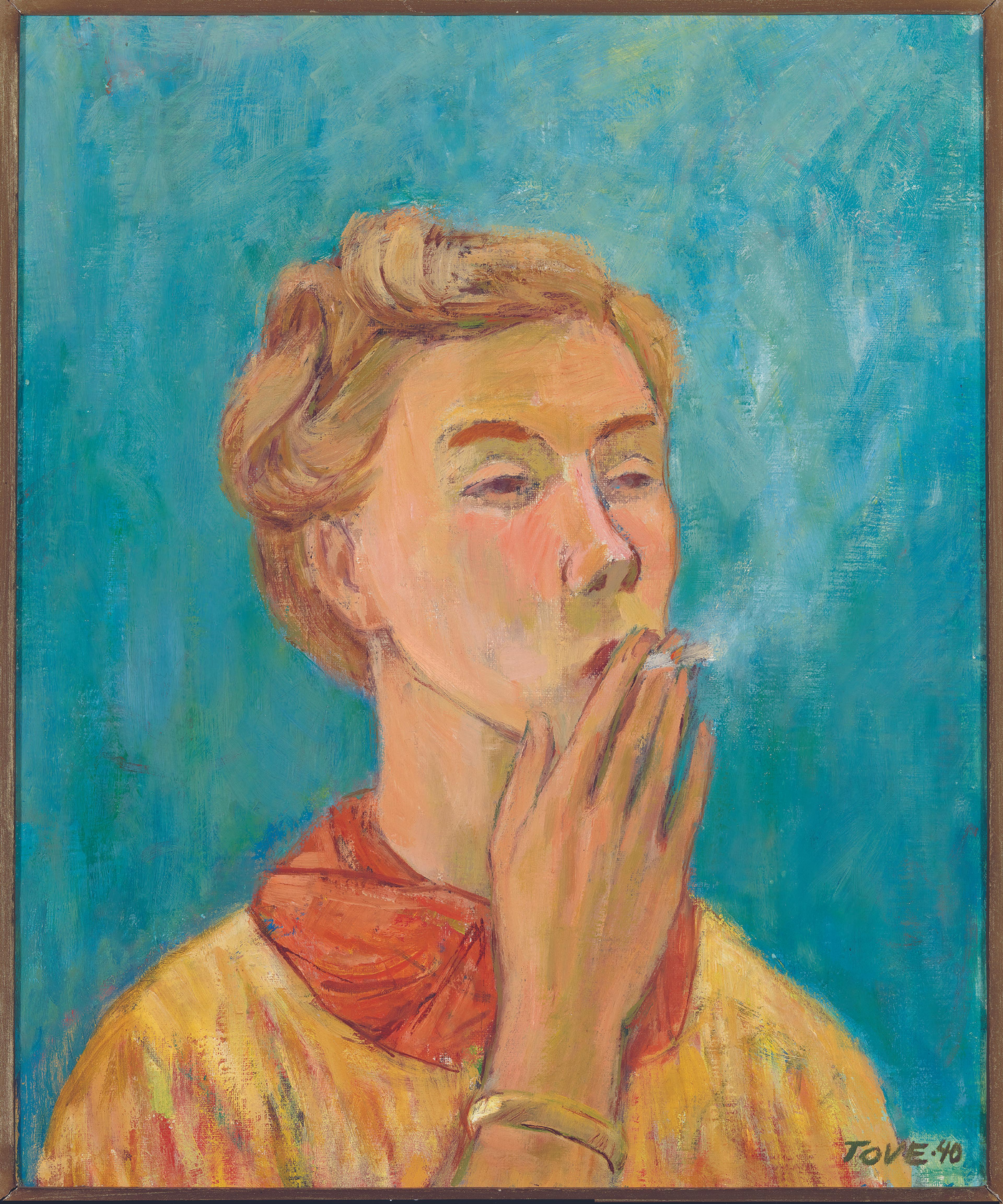 Oil painting of a woman smoking a cigarette against a blue background