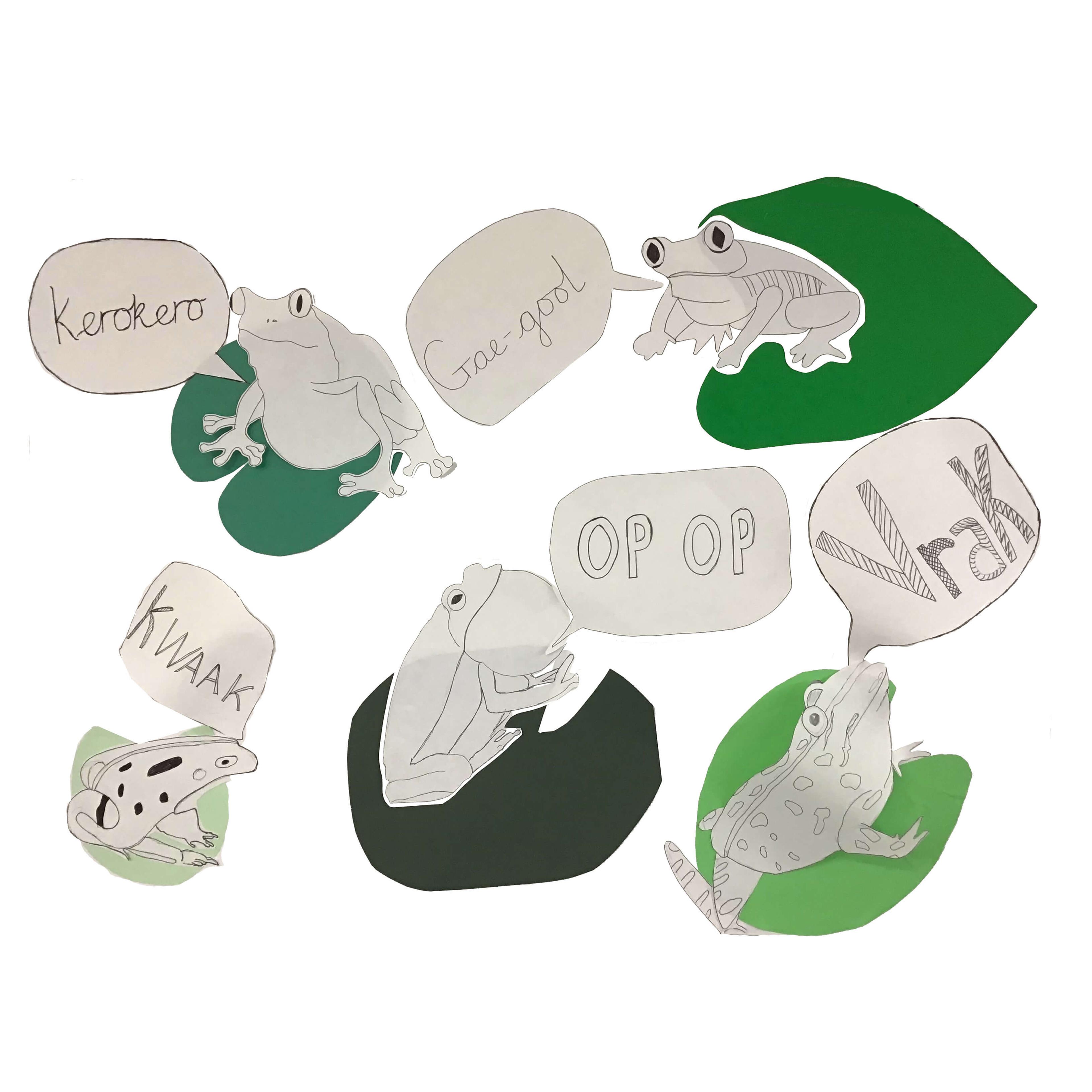 Illustrations of frogs on lillypads, each with a speech bubble with a croak sound in a different language