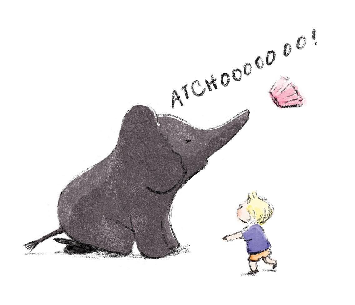 Illustration of a sweet elephant sneezing with its trunk extended as a little boy looking on.  