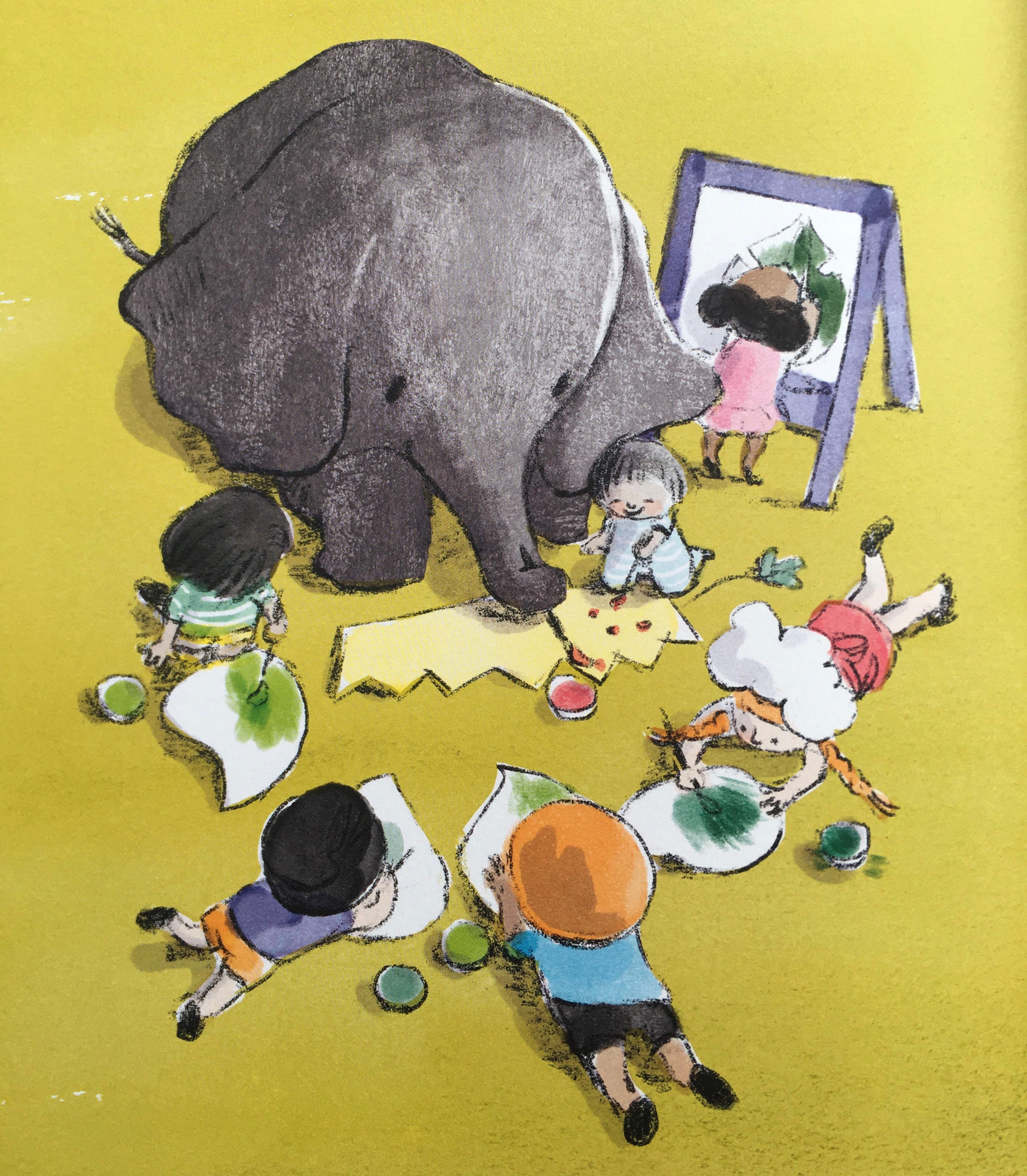 Illustration of an elephant and six children painting.