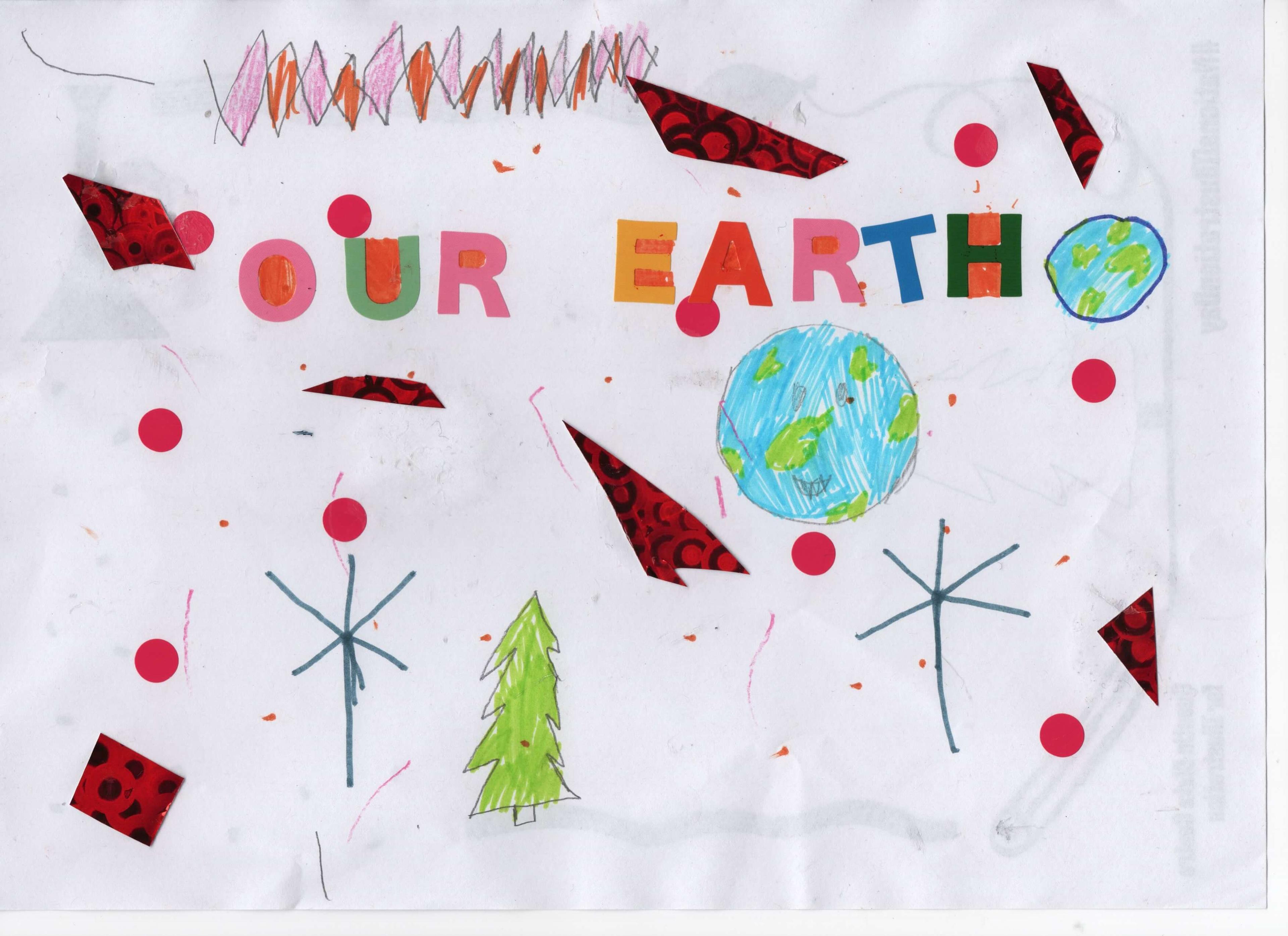 Drawing of the earth, surrounded by stars, circle stickers and collage paper. The picture includes the words "our earth" in colourful alphabet stickers. The picture also includes a light green Christmas tree.t green Christmas tree. 