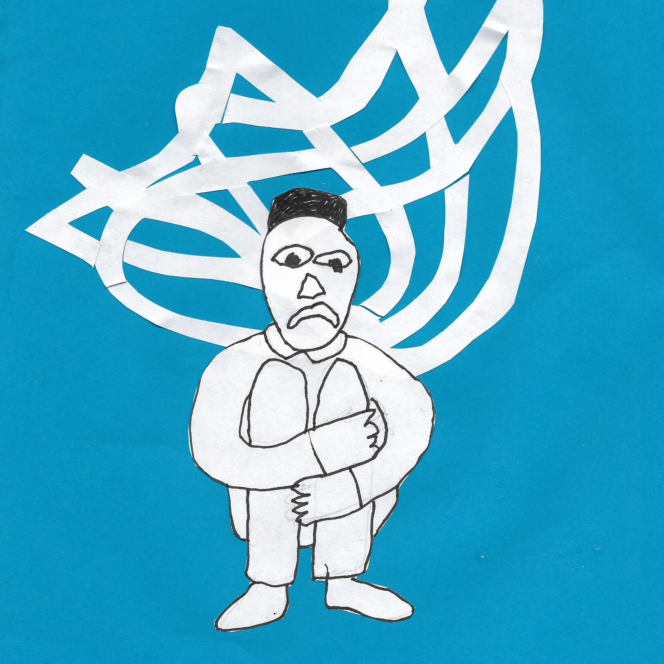 A sad figure set against a blue backdrop