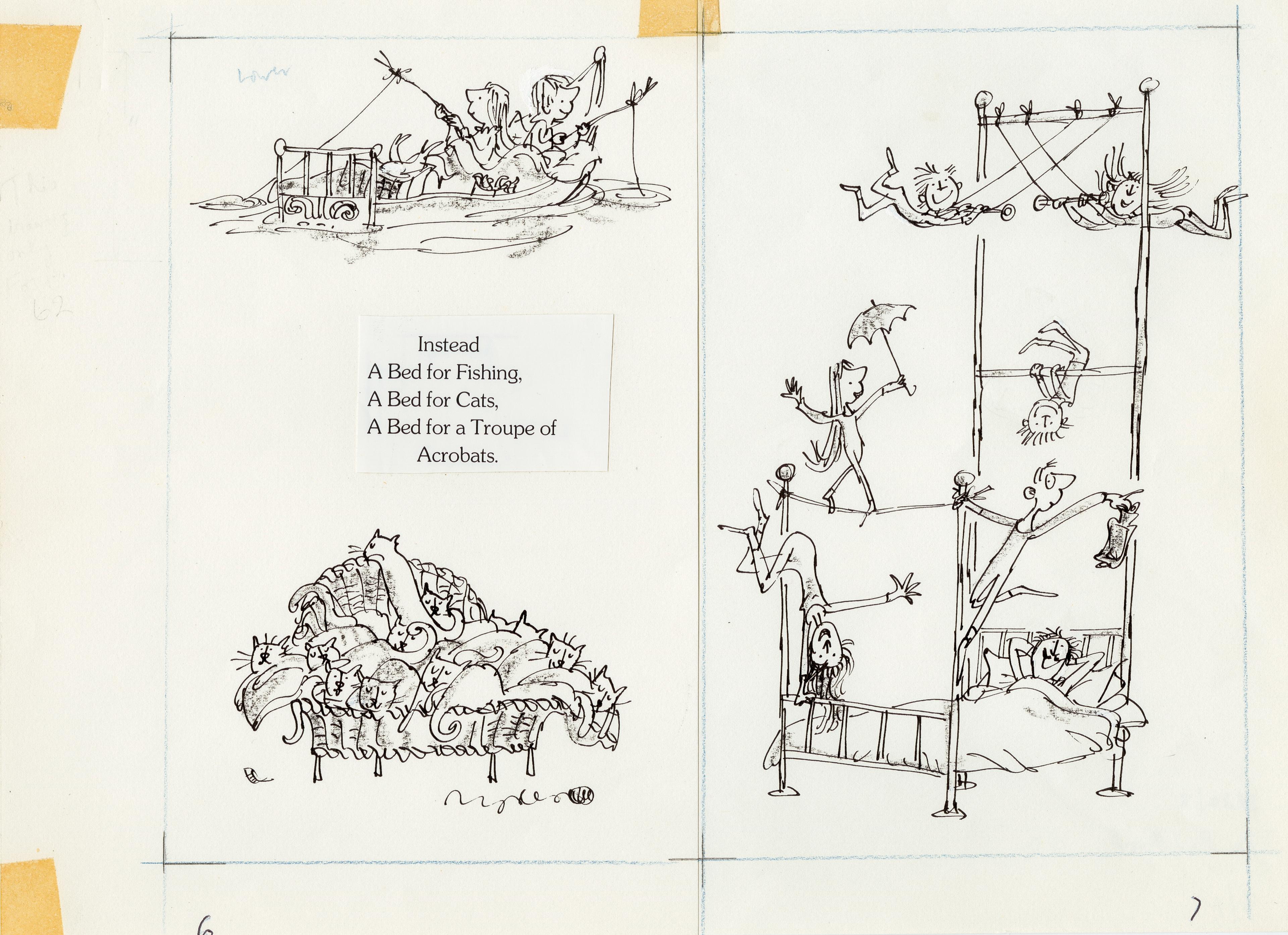 Line drawings of: children fishing from a bed boat, cats sleeping on a chaise lounge and people performing acrobatics on a bedframe.