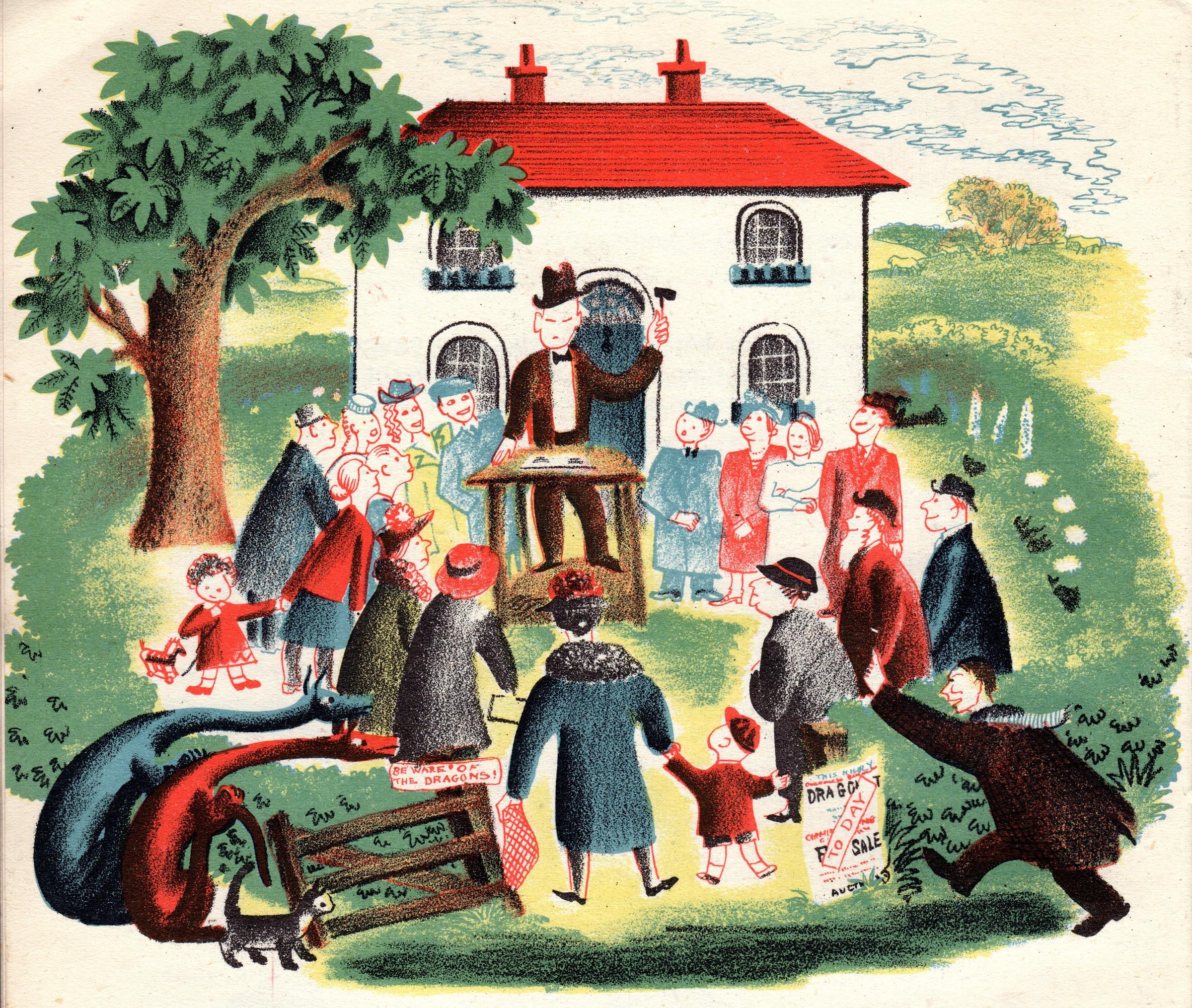 Illustration of people and two dragons at an auction