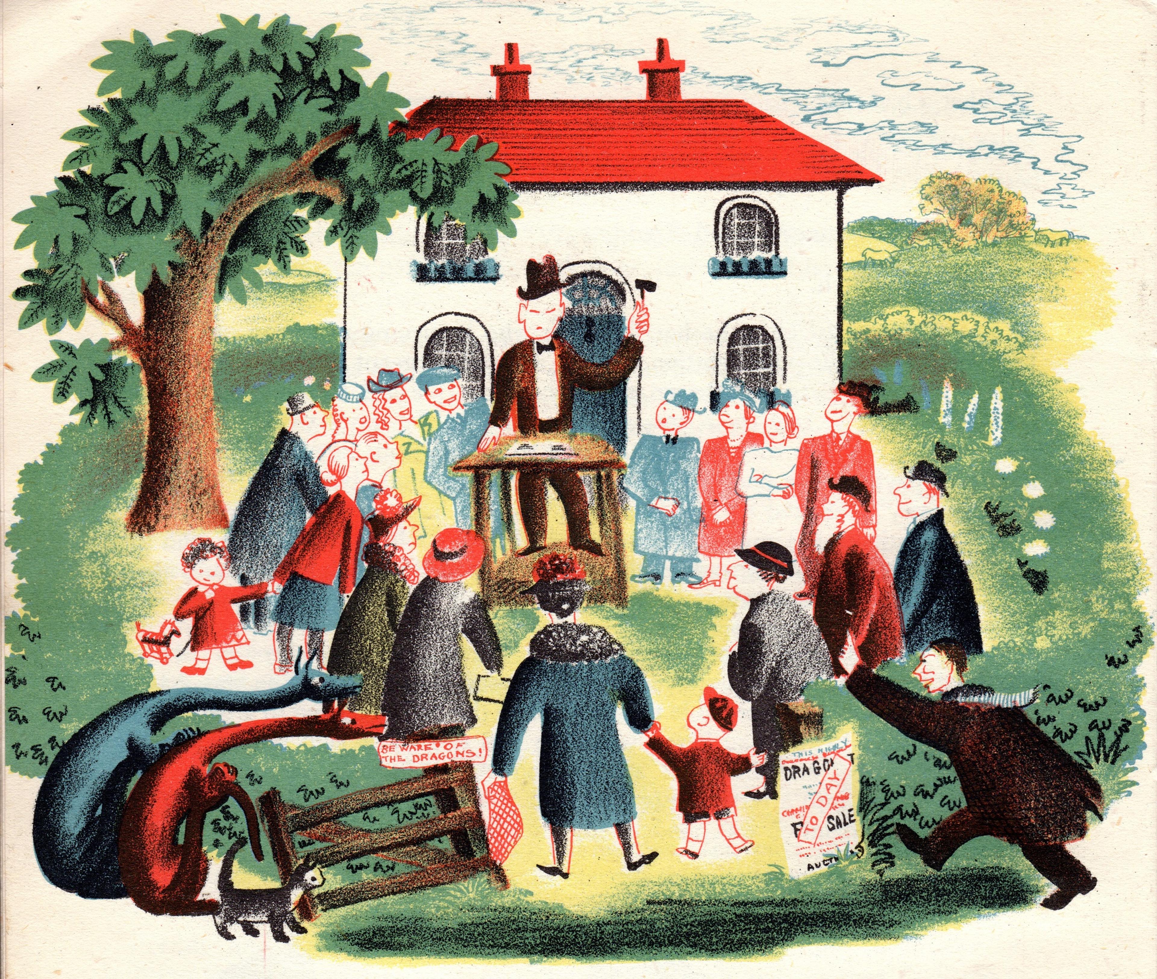 Illustration of people and two dragons at an auction