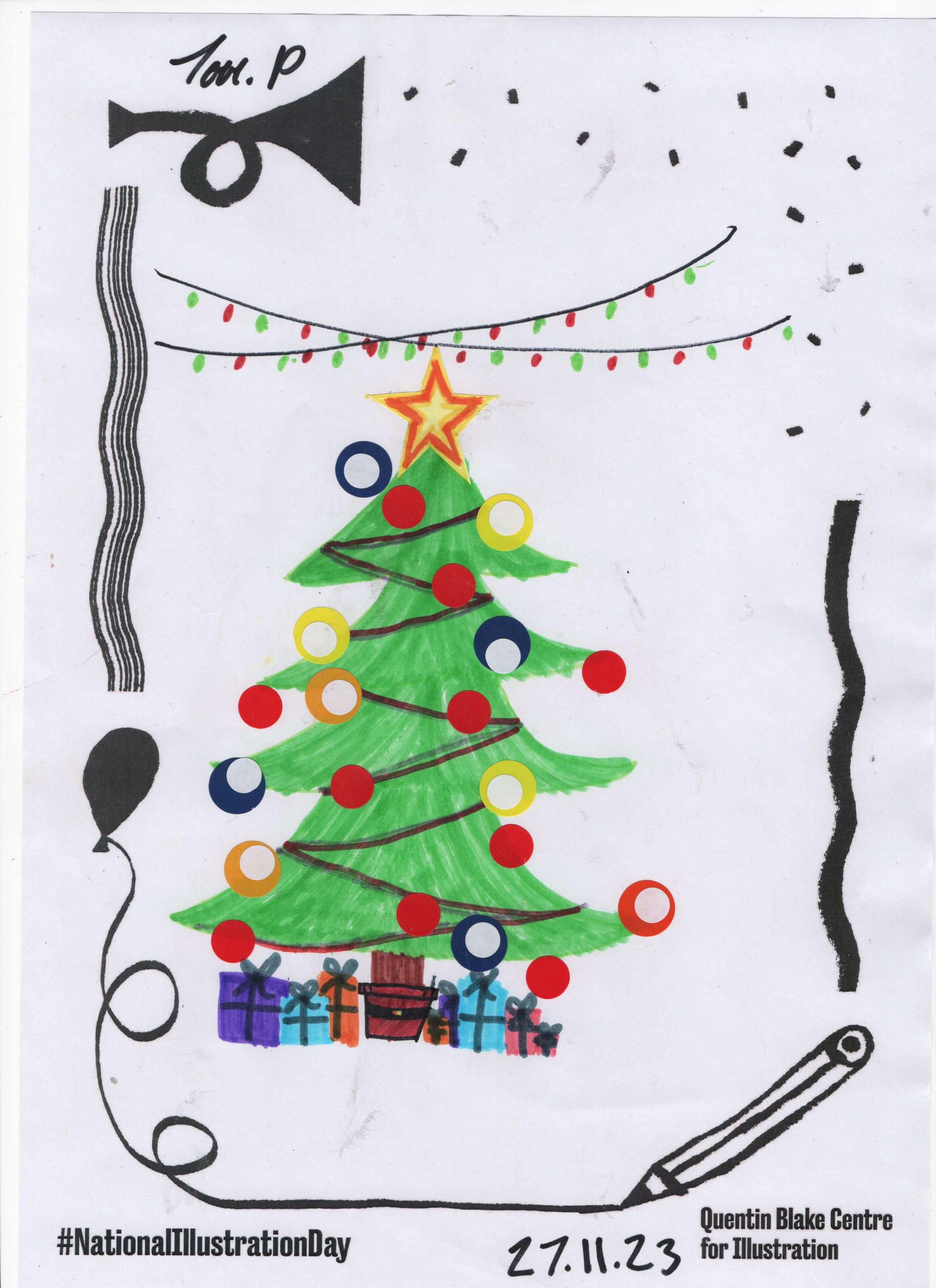 Coloured illustration of a decorated Christmas tree with presents underneath and coloured lights in the background.