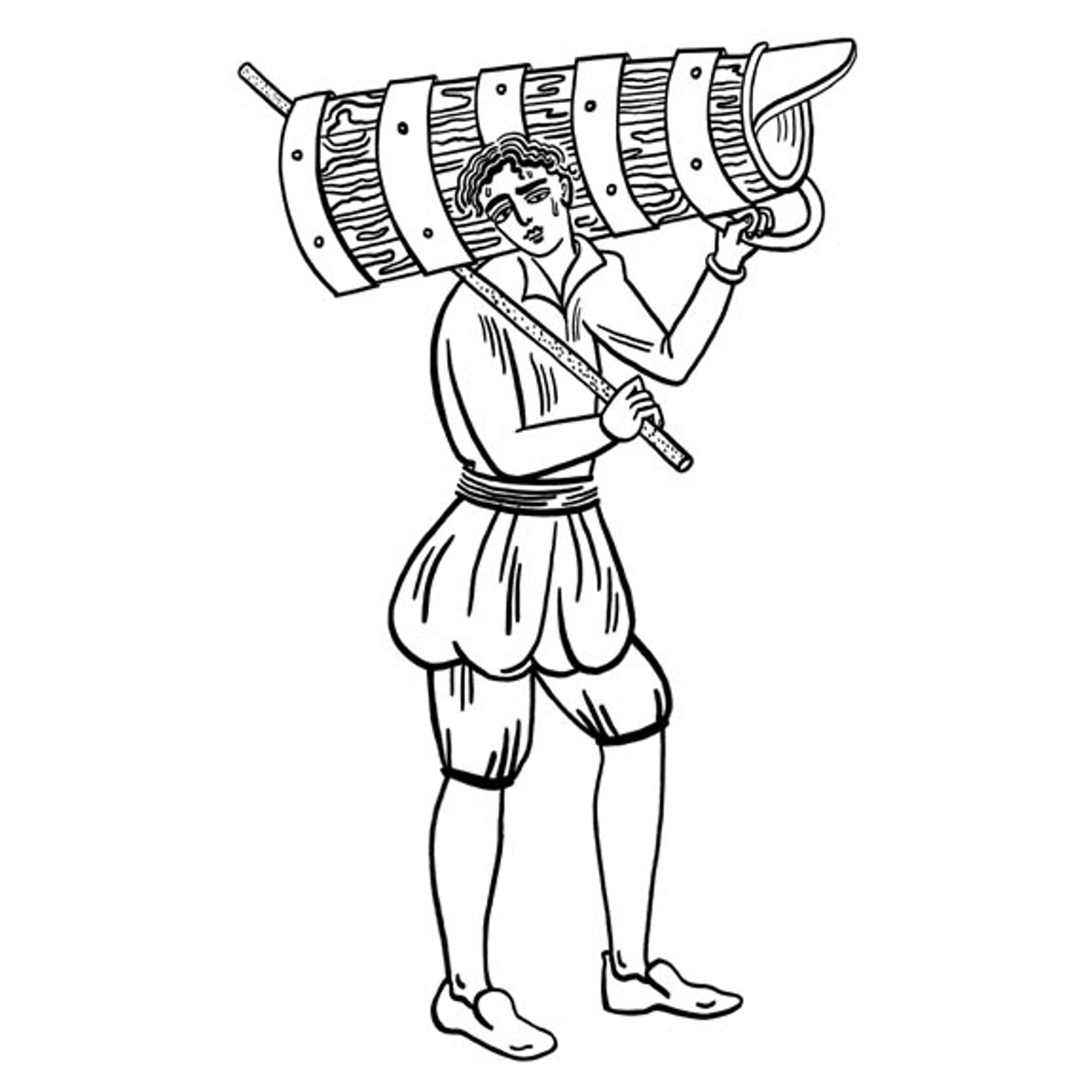 Illustrated figure carrying a large water container.  