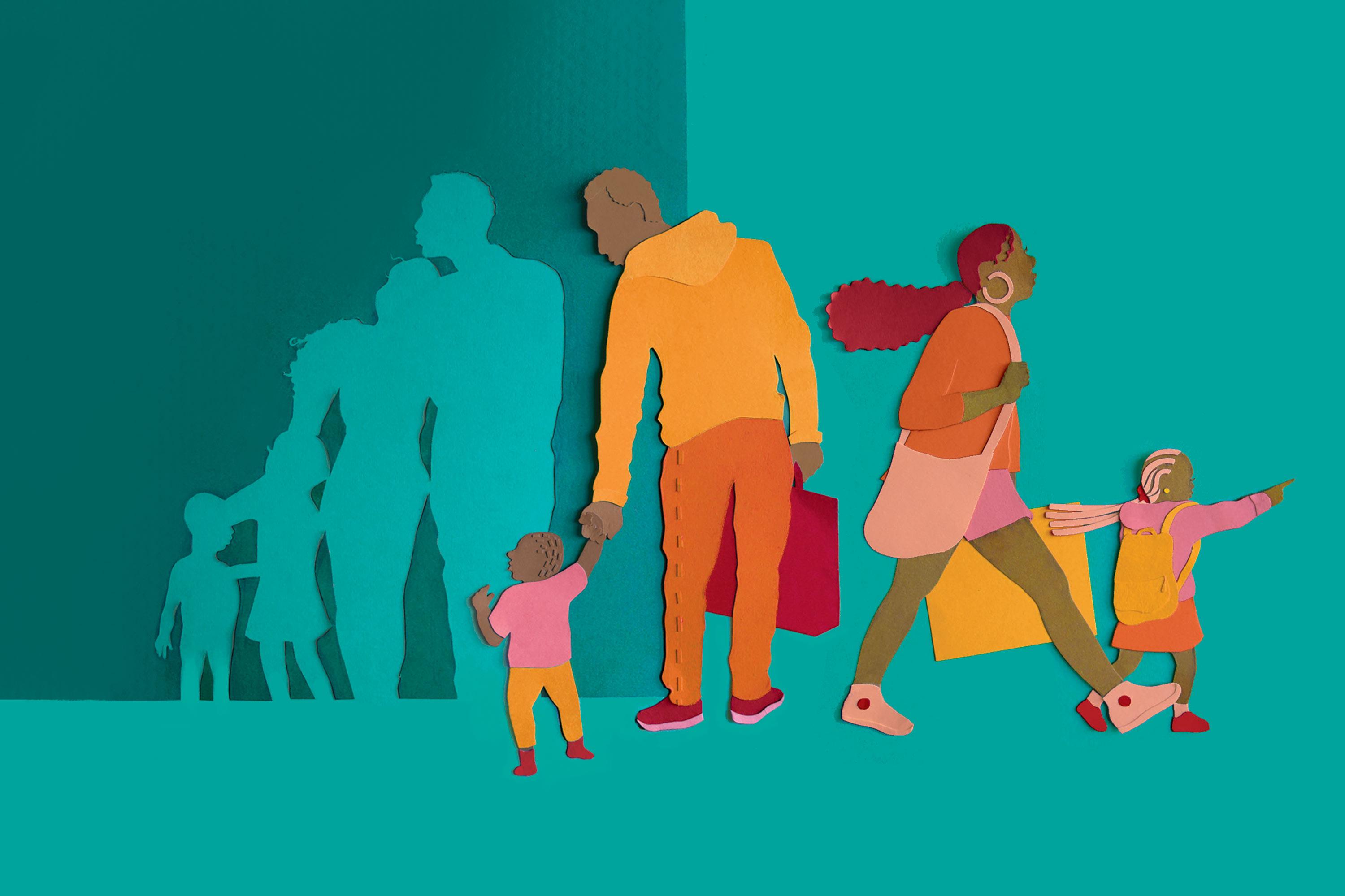 Collage with a bright teal background with a family of four (two adults and two children) portrayed in bright orange and pink cut-outs.