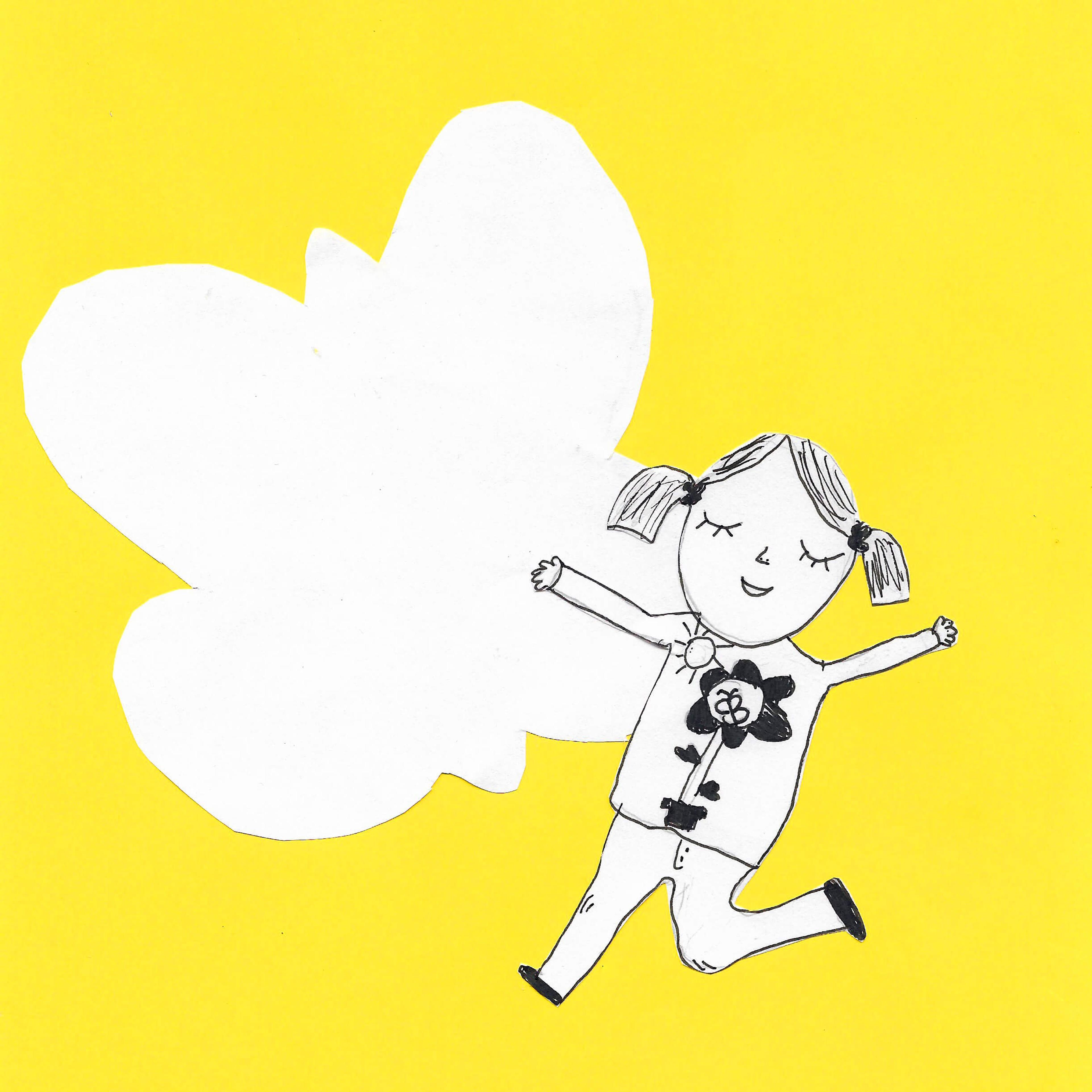 A pen and ink illustration of a happy child running, set against a bright yellow backdrop