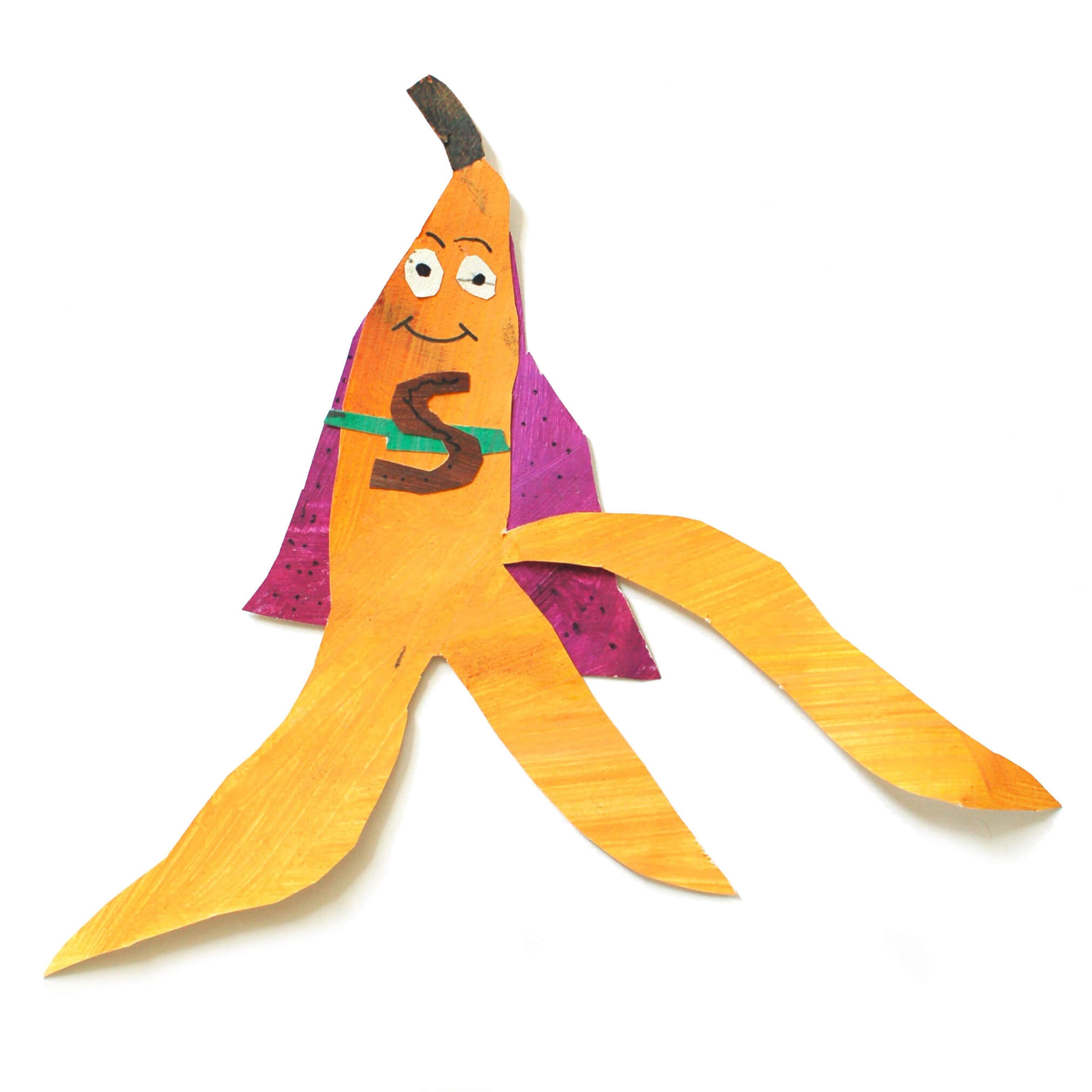 A collaged smiling banana with a cape