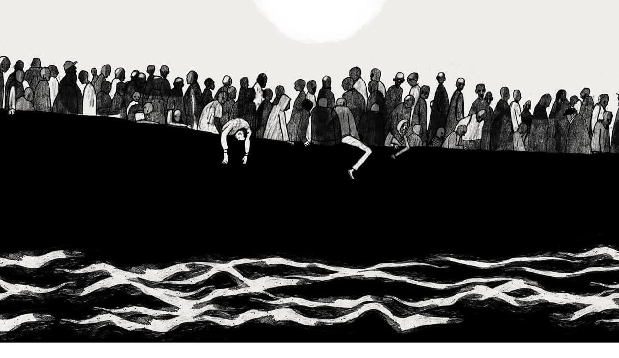 Minimalist black and white ink illustration of refugees on a boat