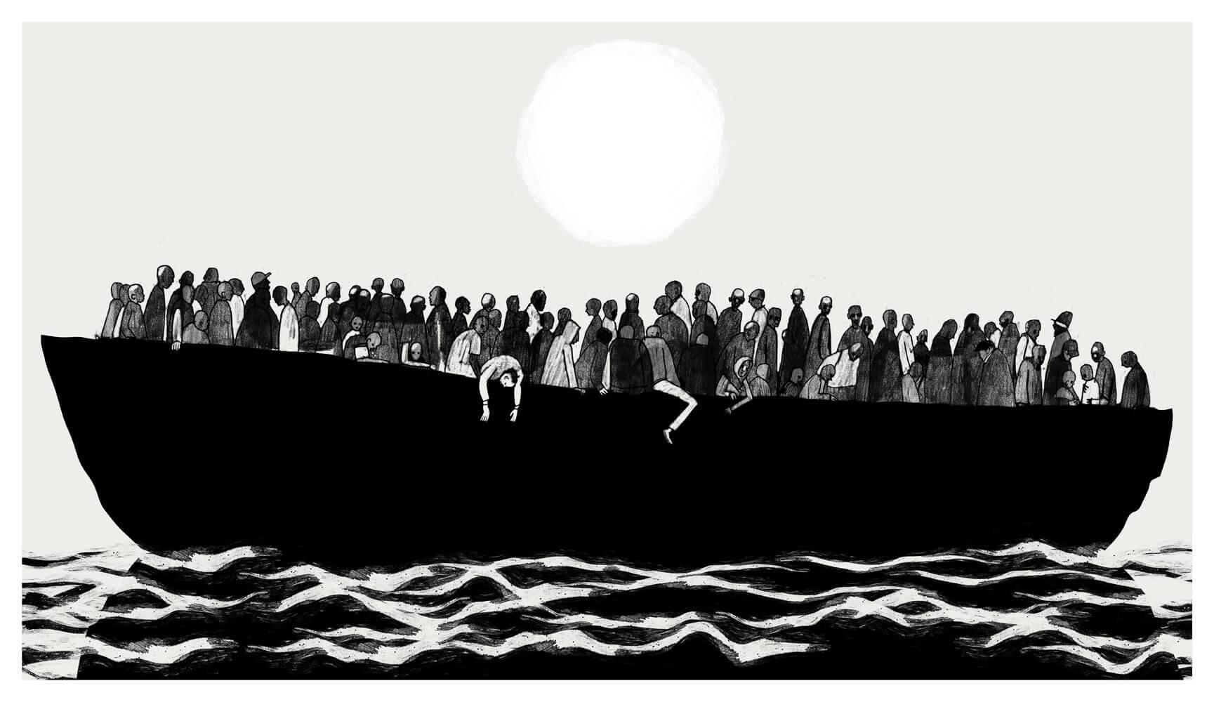 Minimalist black and white ink illustration of refugees on a boat