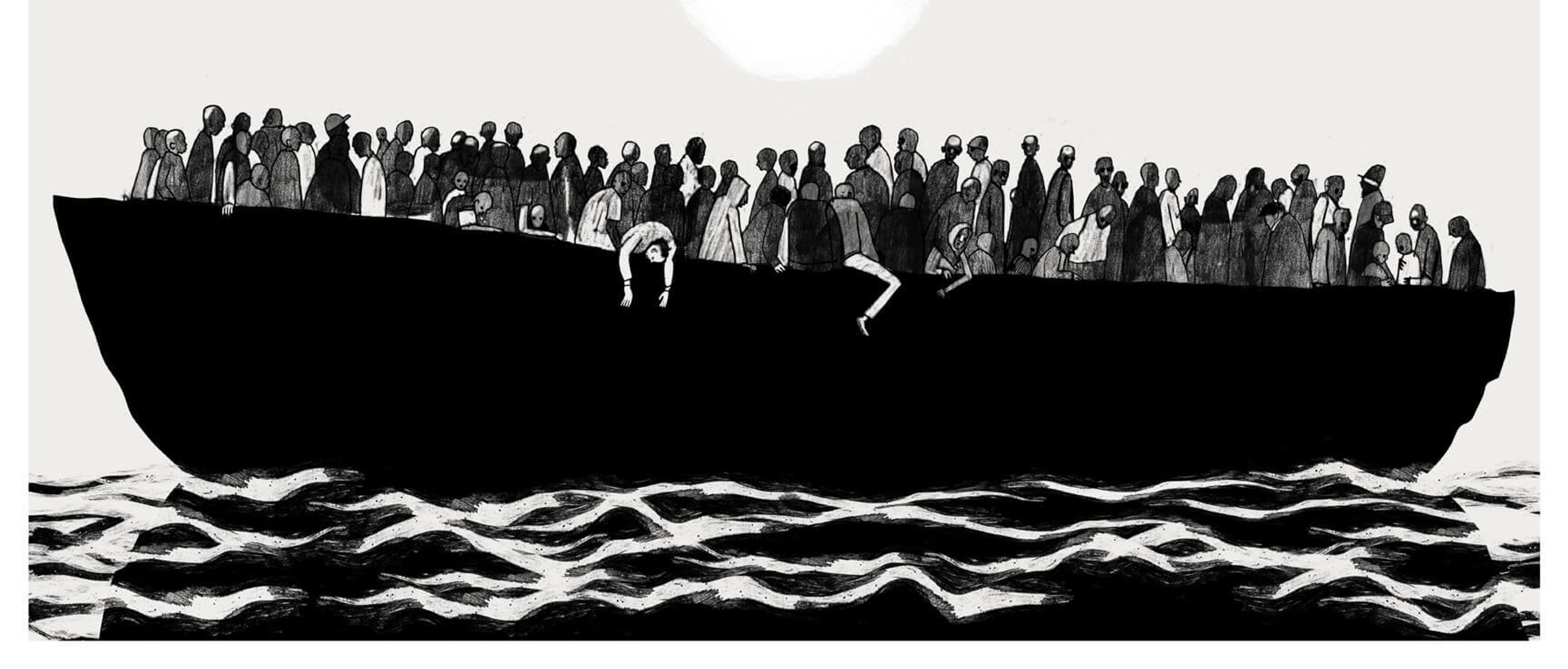 Minimalist black and white ink illustration of refugees on a boat