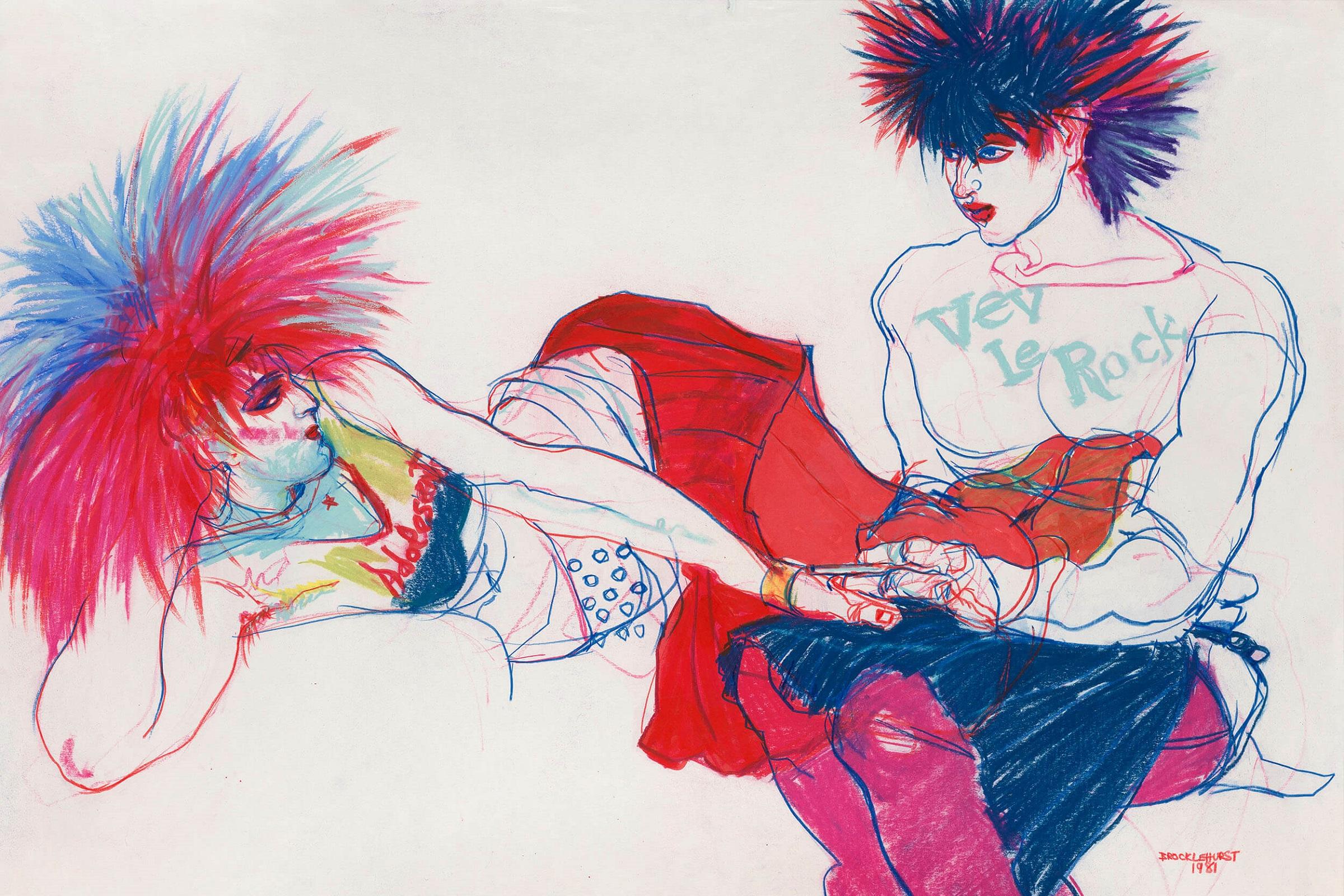 Drawing of two people with spiky multicoloured hair holding hands and looking at each other