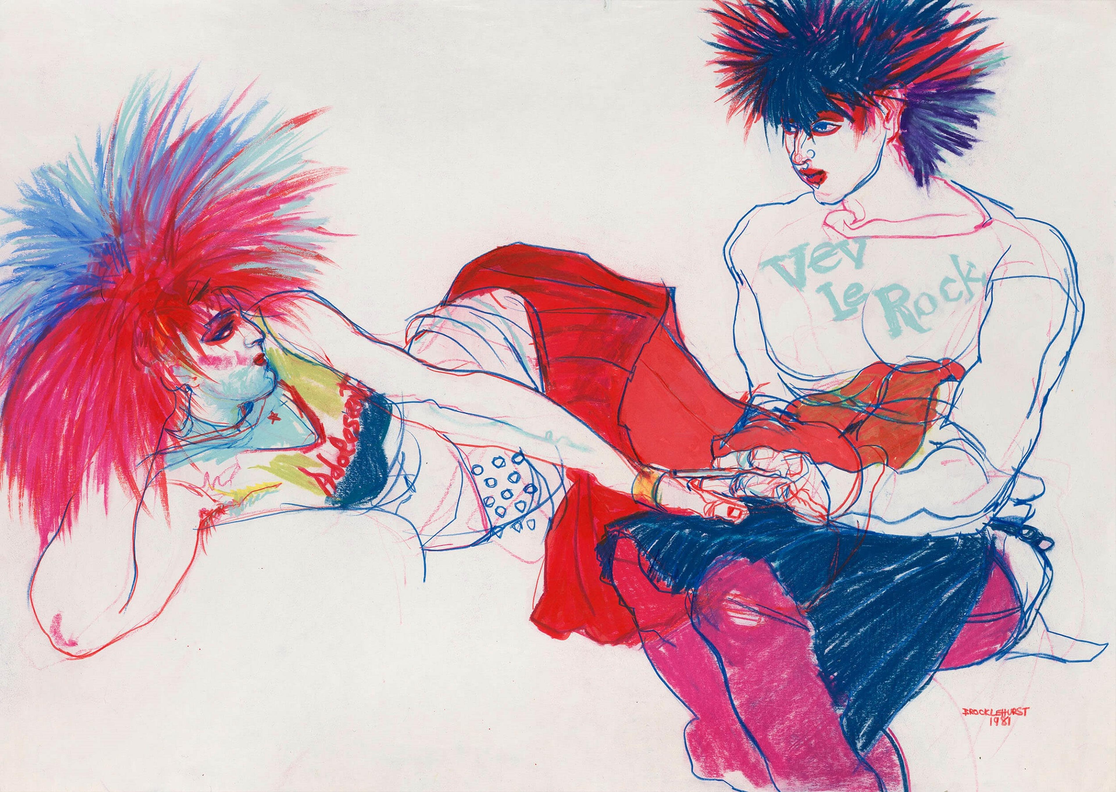 Drawing of two people with spiky multicoloured hair holding hands and looking at each other