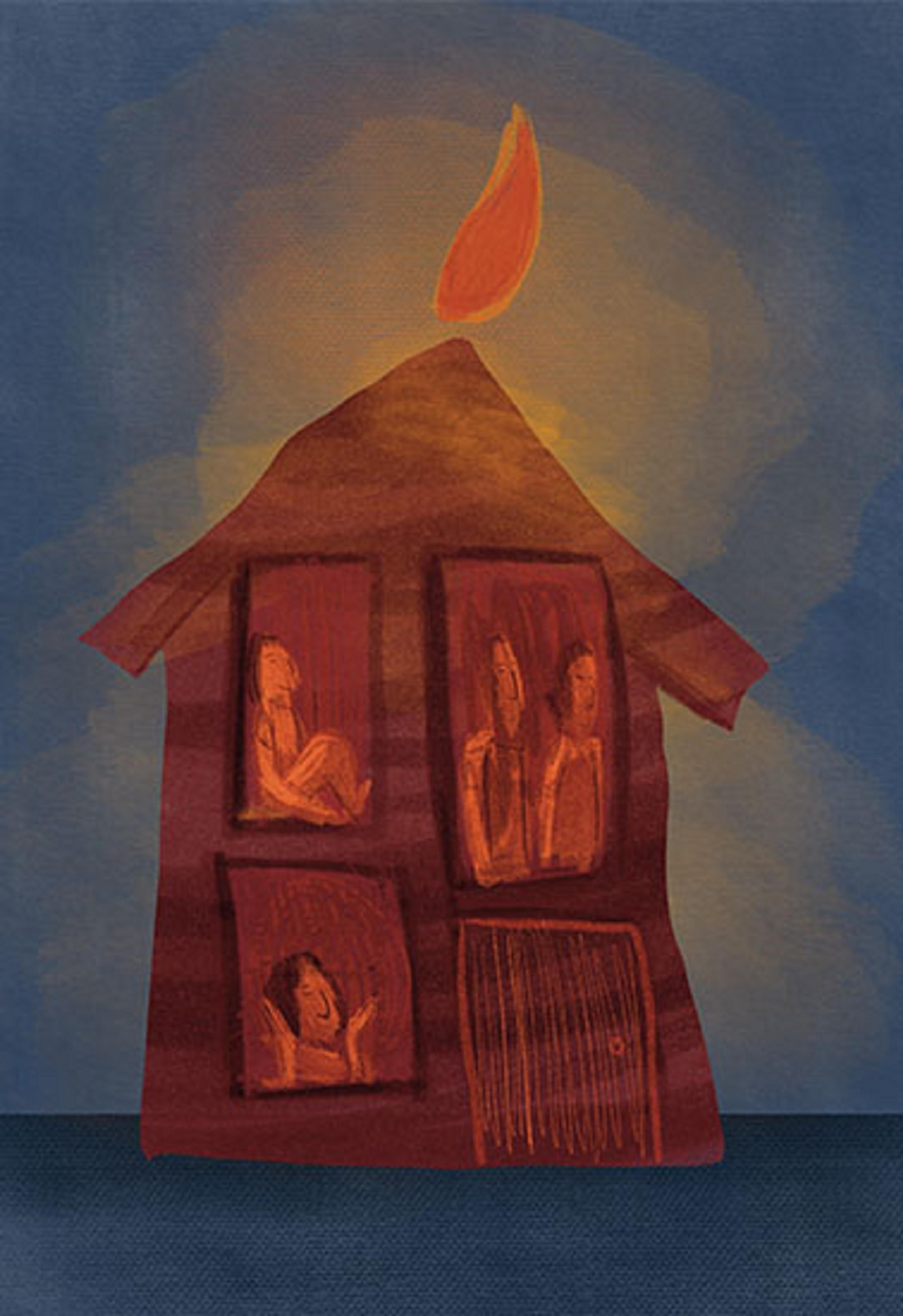 Illustration of a candle-shaped house with people visible in the windows