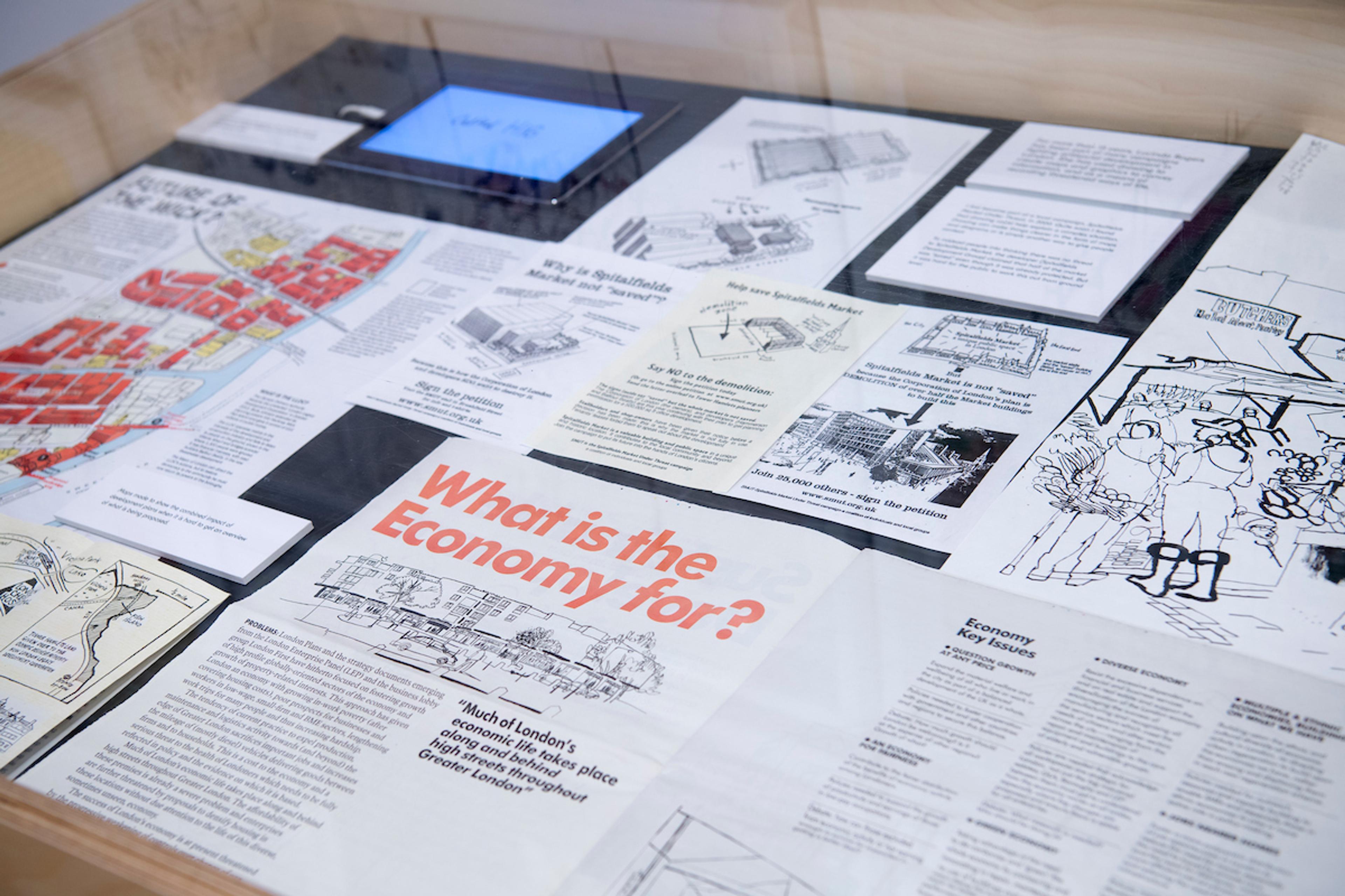 Articles in a display case.