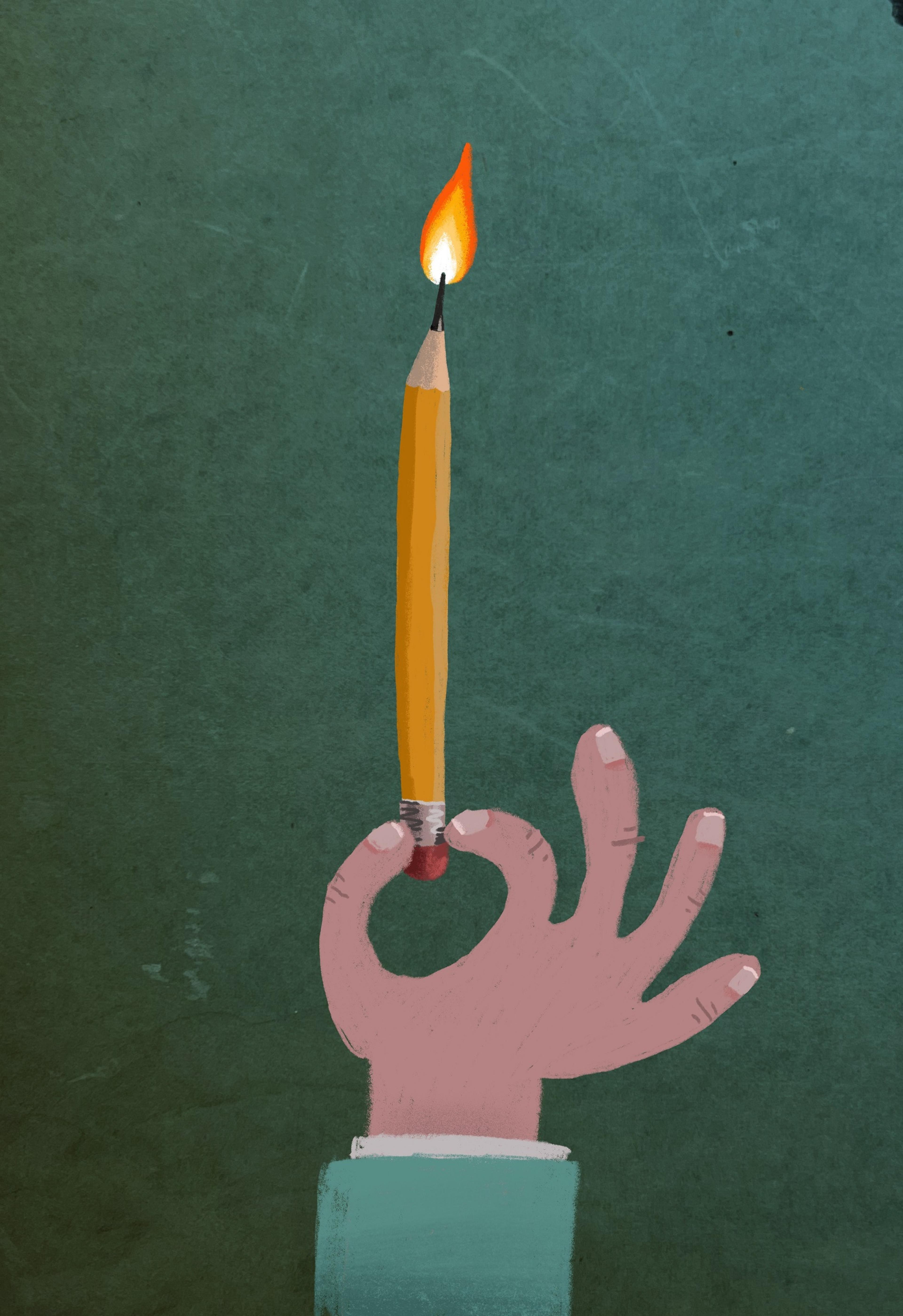 Illustration of a hand holding a pencil, lit at one end like a candle