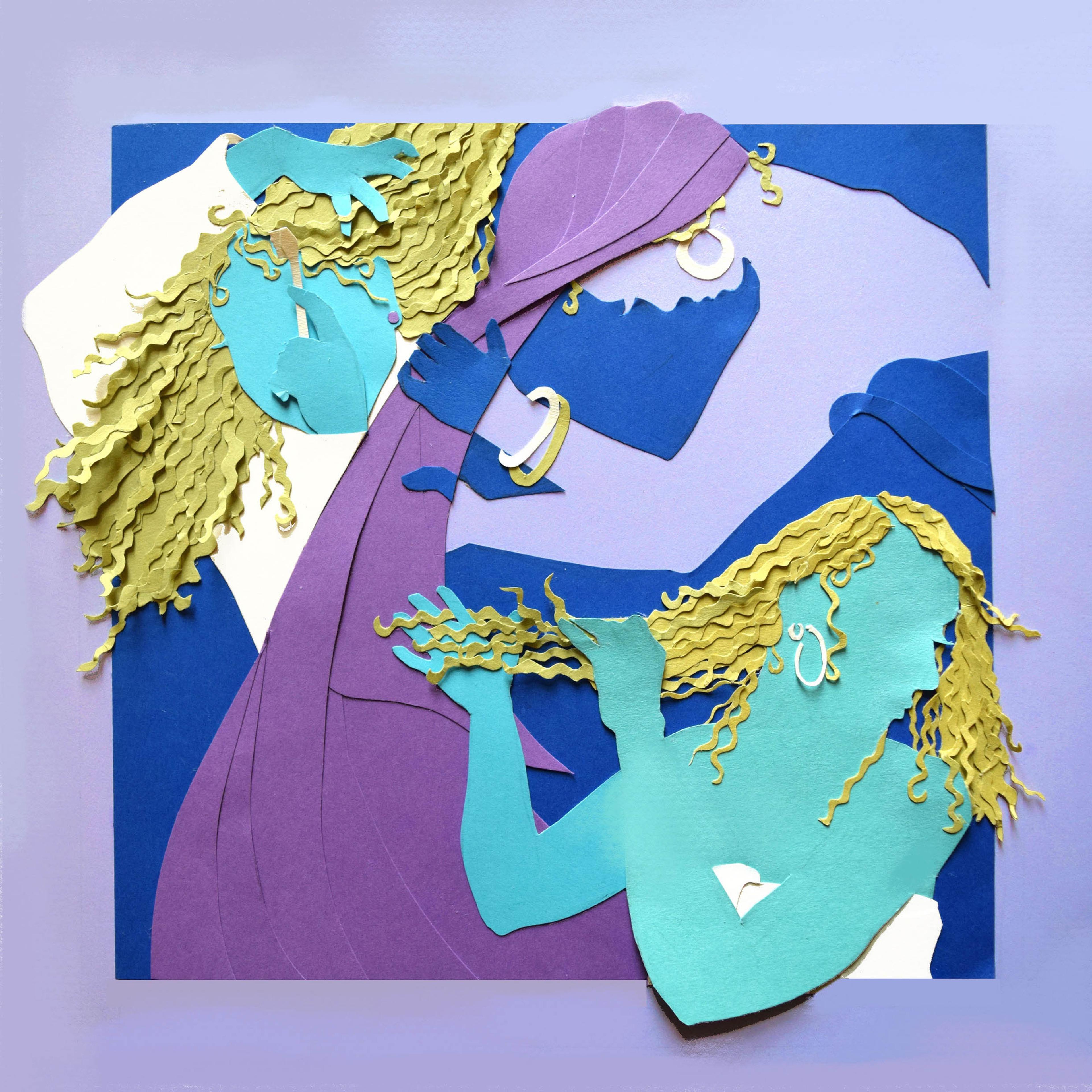 Photograph of a paper collage of three people.