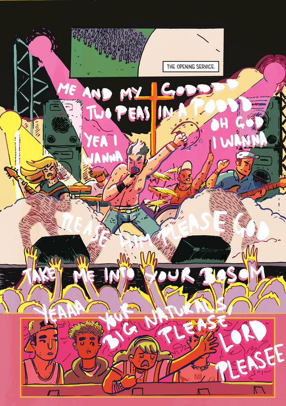 A comic page showing a singer and guitarists performing under pink lights. At the bottom the audience are reacting to the performance.