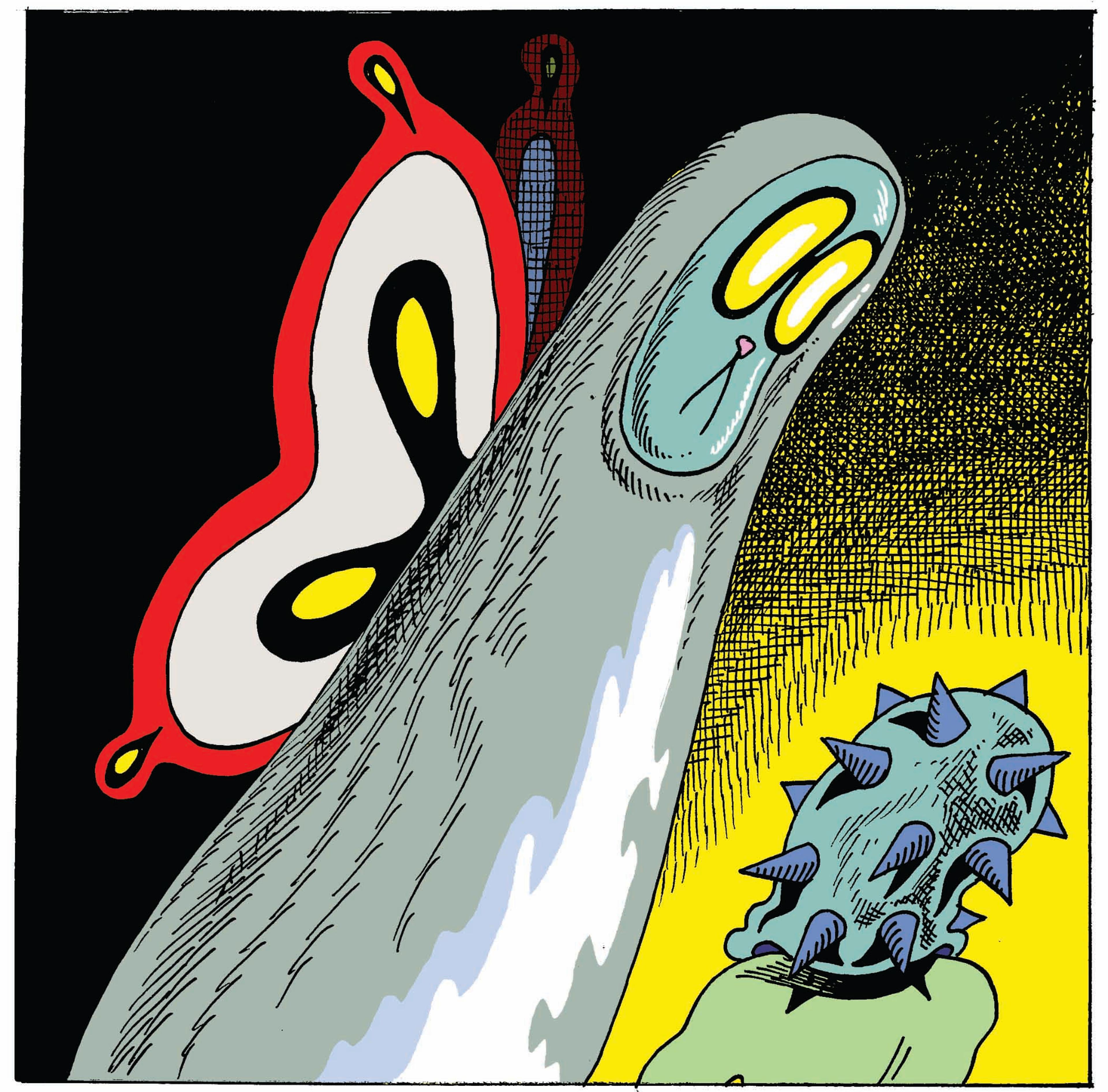 An illustration of one tall character leaning over and looking down upon a shorter character. The taller characters is long and smooth with yellow eyes and butterfly wings. The shorter character is a person with a covering over their head with spikes on it.