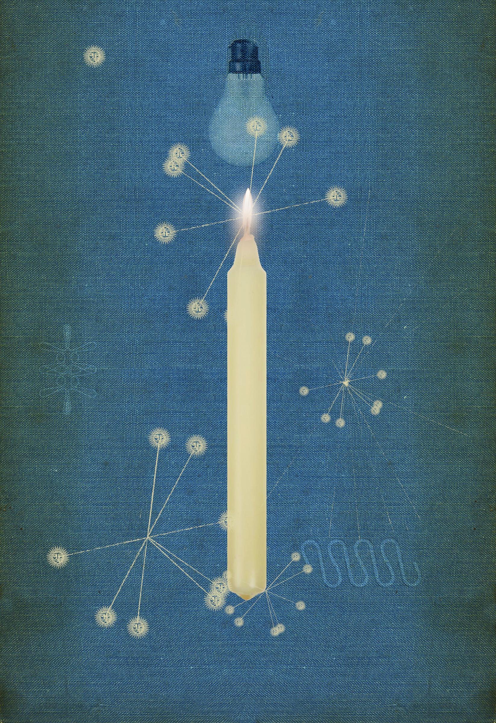 Collaged illustration of a lit candle with a lightbulb above