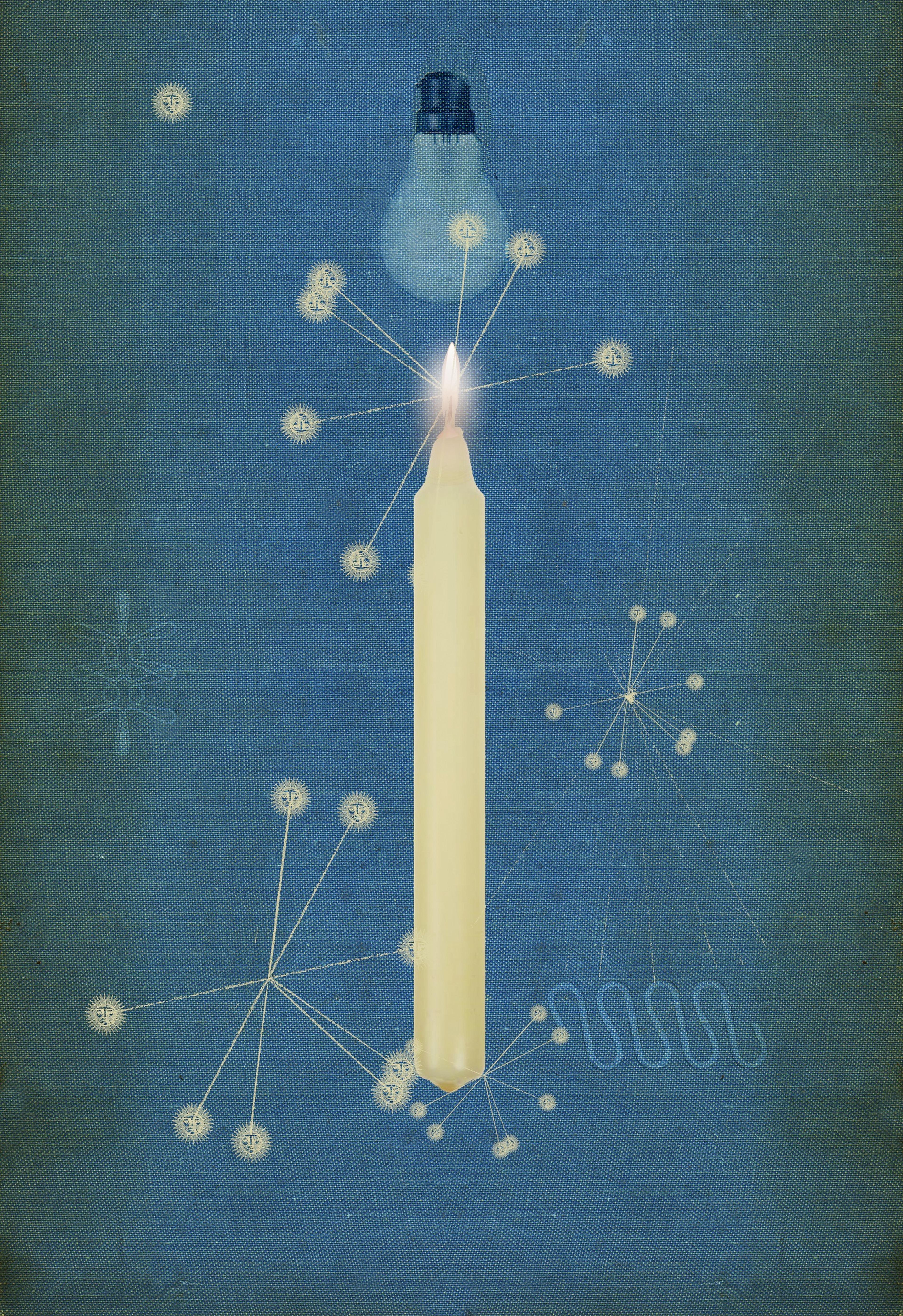 Collaged illustration of a lit candle with a lightbulb above
