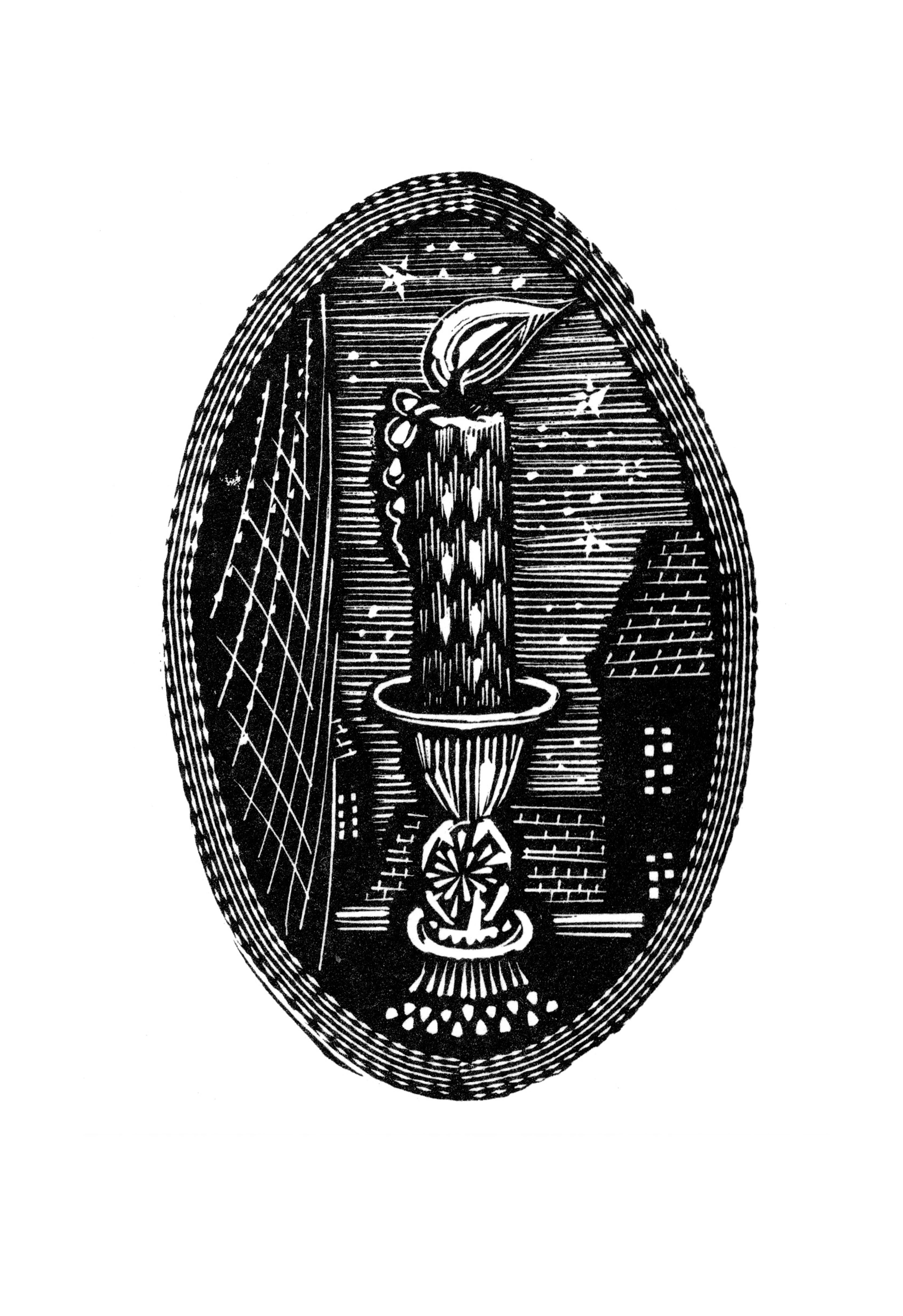 Woodcut illustration of a candle on a windowsill