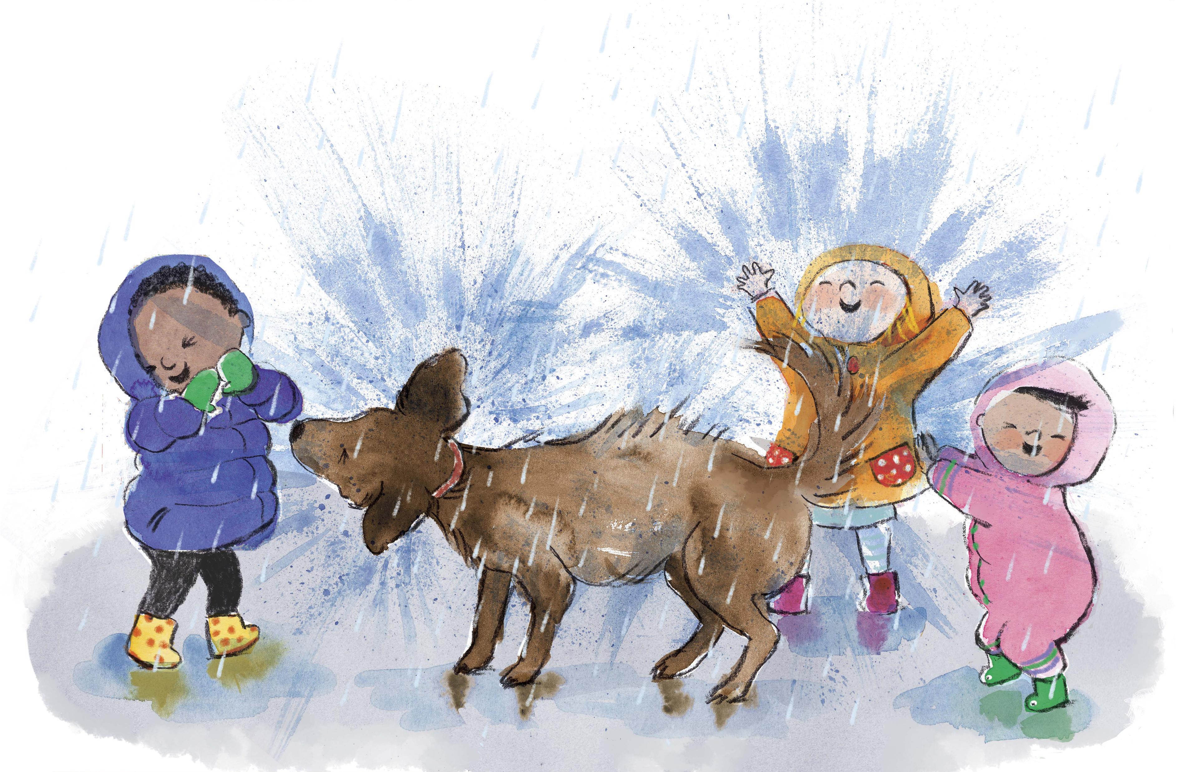 An illustration of three children splashing in puddles with a dog.