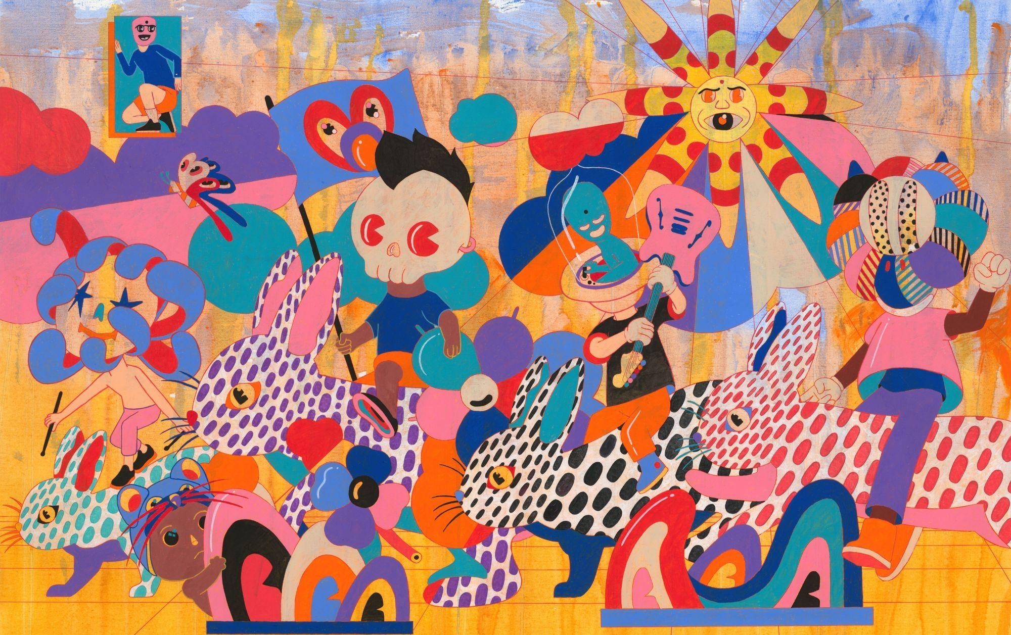 Lots of colourful characters march to the left, including a character wearing a skull.