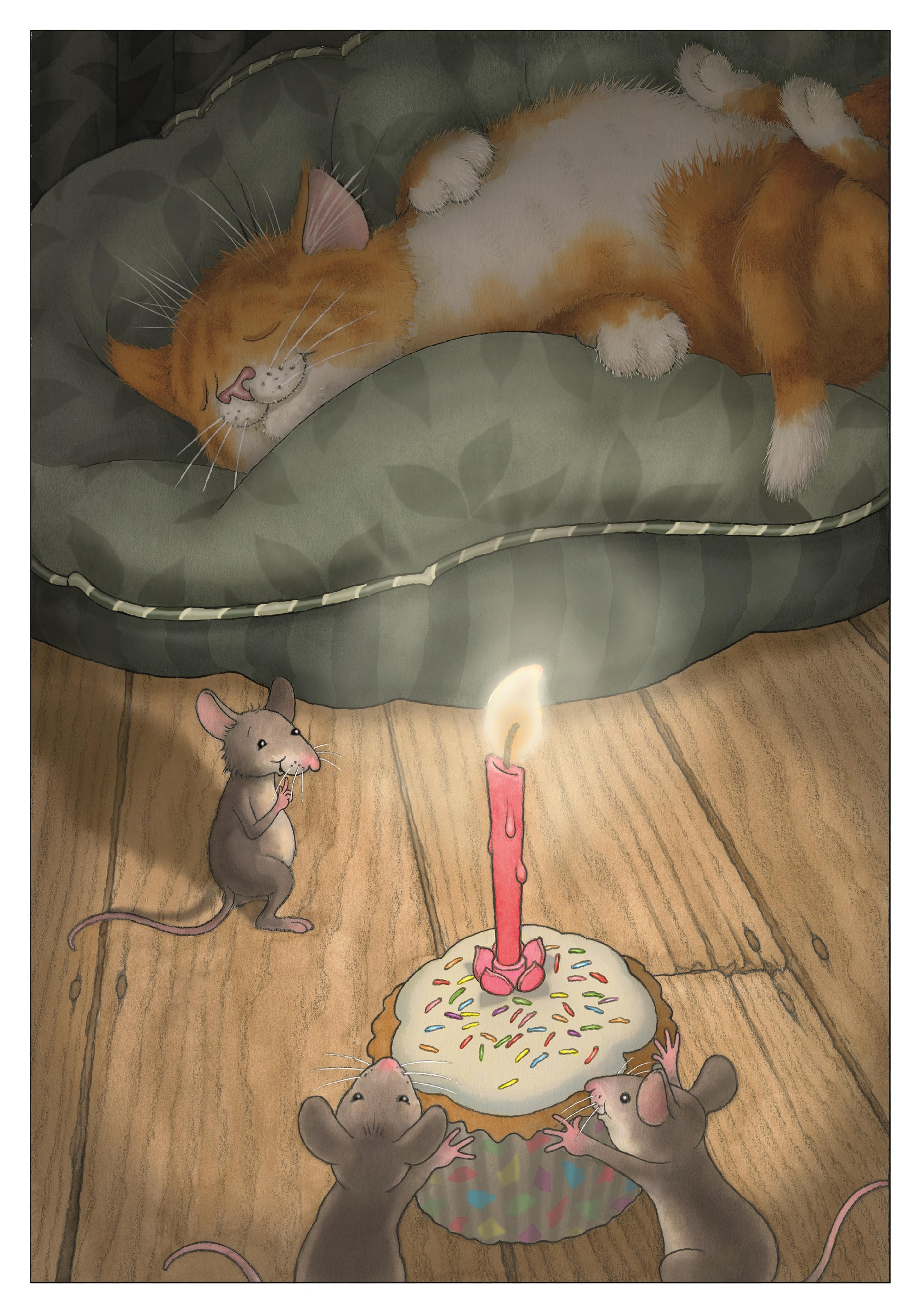 Illustration of three mice pushing a birthday cake towards a sleeping cat