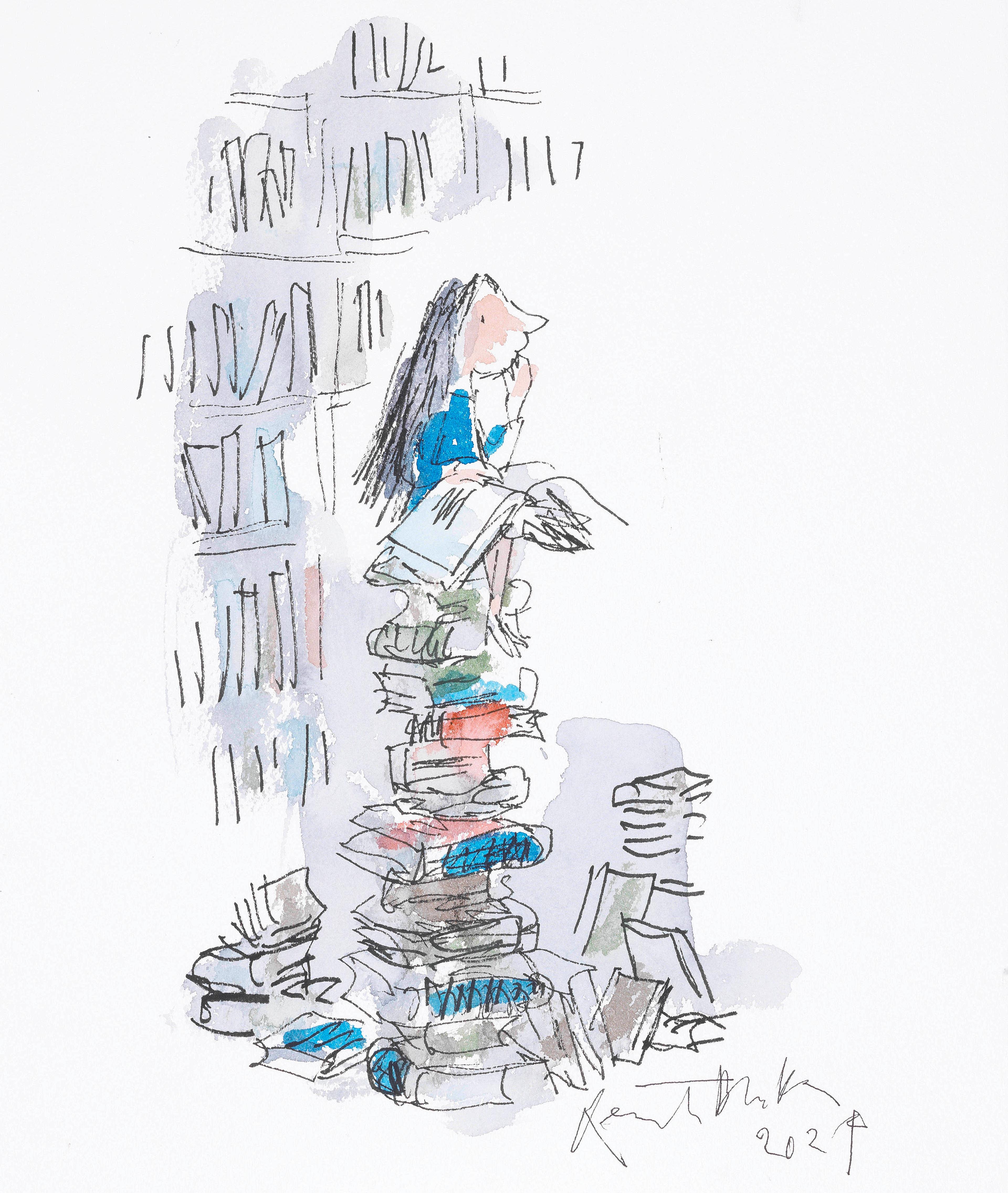 Illustration of a child sitting on top of a pile of books reading a book. Shelves of books are behind them.